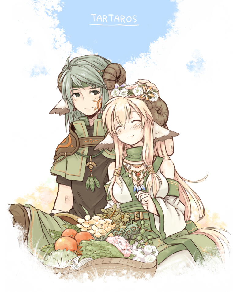 7010, tartaros online, 1boy, 1girl, animal ears, bare shoulders, blonde hair, blush, closed eyes, couple, detached sleeves, dress, flower, food, fruit, green eyes, green hair, head wings, headband, hetero, horns, jewelry, leaf, long hair, necklace, orange (fruit), smile, wings