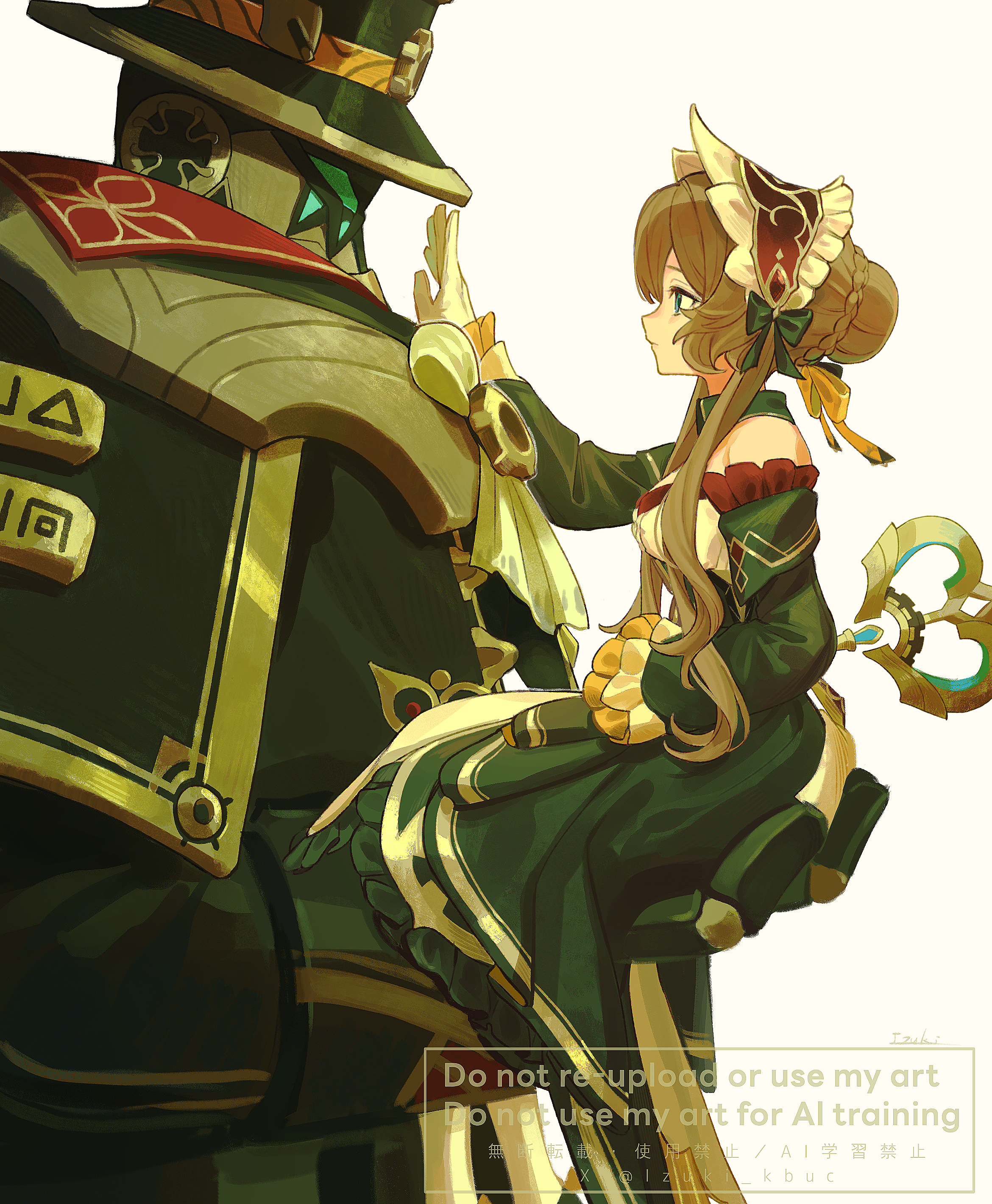 39 iduki, pulonia (genshin impact), sandrone (genshin impact), genshin impact, absurdres, commentary, english commentary, highres, 1girl, 1other, artist name, ascot, black bow, black dress, black hat, black sleeves, blue eyes, bow, braid, breasts, brown hair, bun with braided base, closed mouth, detached collar, detached sleeves, dress, expressionless, frilled dress, frilled sleeves, frills, gloves, hair between eyes, hair bow, hair bun, hair ribbon, hand up, hat, headdress, humanoid robot, long hair, long sleeves, looking at another, medium breasts, profile, ribbon, robot, sidelocks, signature, simple background, single hair bun, sitting, strapless, strapless dress, top hat, twitter username, watermark, white ascot, white background, white gloves, winding key, wing collar, yellow ribbon