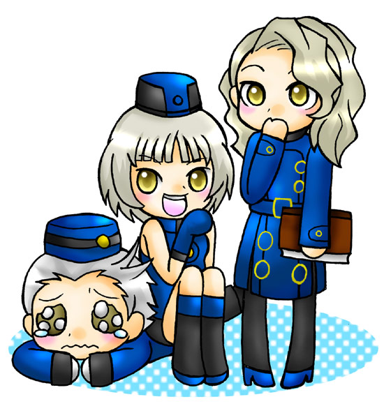 elizabeth (persona), margaret (persona), theodore (persona), atlus, persona, persona 3, persona 3 portable, persona 4, margaret, 1boy, 2girls, bare shoulders, blush, chibi, family, gloves, hat, multiple girls, no legwear, pantyhose, sleeveless, smile, tears, white hair, yellow eyes
