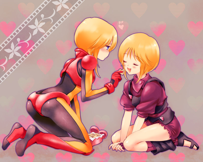 uk-works, elpeo puru, puru two, gundam, gundam zz, pilot suit, bad id, bad pixiv id, 2girls, ass, blue eyes, blush, bodysuit, boots, chocolate, closed eyes, heart, multiple girls, open mouth, orange hair, sandals, valentine, yuri