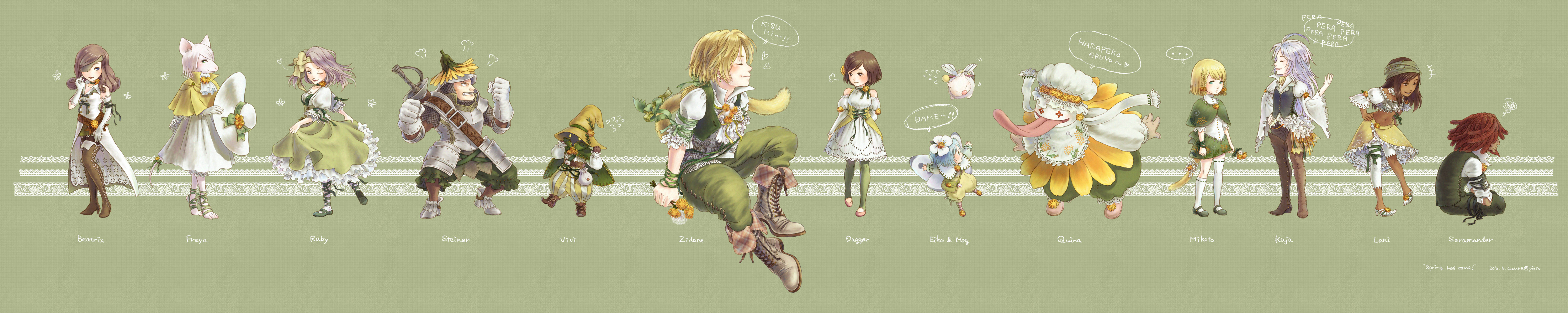 cocura, adelbert steiner, amarant coral, beatrix, black mage (final fantasy), eiko carol, freya crescent, garnet til alexandros xvii, kuja, lani (ff9), mikoto (ff9), mikoto (ffix), moogle, quina quen, ruby (ff9), vivi, vivi ornitier, zidane tribal, final fantasy, final fantasy ix, absurdres, highres, long image, md5 mismatch, translated, wide image, …, 00s, 5boys, 6+girls, ^^^, alternate costume, animal ears, armor, asymmetrical clothes, bandana, bare shoulders, belt, black skin, blonde hair, blue eyes, blue hair, blush, boots, bow, braid, brown eyes, brown hair, burmecian, butterfly wings, child, choker, clenched teeth, closed eyes, colored skin, curly hair, dark skin, dreadlocks, dress, earrings, elbow gloves, english text, engrish text, everyone, eyepatch, flower, furry, gloves, glowing, glowing eyes, green eyes, green theme, grey hair, hair bow, hair flower, hair ornament, hand on own hip, hands on own hips, hat, headband, helmet, hip focus, horns, insect wings, jewelry, knight, leggings, lipstick, long hair, makeup, midriff, monster, multiple boys, multiple girls, navel, one eye closed, open mouth, pantyhose, ponytail, purple hair, ranguage, red hair, ribbon, romaji text, short hair, sitting, skirt, socks, spring (season), squiggle, sun hat, sword, tail, tail ornament, tail ribbon, teeth, thigh boots, thighhighs, tongue, vest, weapon, white hair, wide sleeves, wings, wink, witch hat, yellow eyes