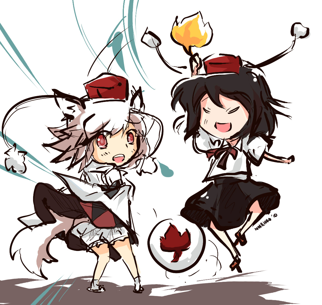 noirioko, noirioko (artist), noirioko (hourai-sugar), inubashiri momiji, shameimaru aya, touhou, 2girls, animal ears, black hair, bloomers, breast padding, chibi, female focus, geta, hat, leaf, multiple girls, red eyes, shield, socks, surprised, tengu-geta, tokin hat, underwear, white hair