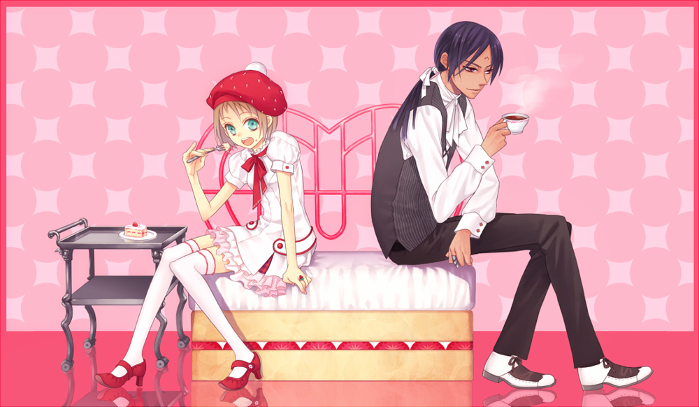 yamigo, original, aqua eyes, beret, black hair, blonde hair, cake, cup, eating, food, fork, formal clothes, hat, high heels, legs, pastry, pinky out, red eyes, shoes, short hair, suit, tea, teacup, thighhighs, white thighhighs