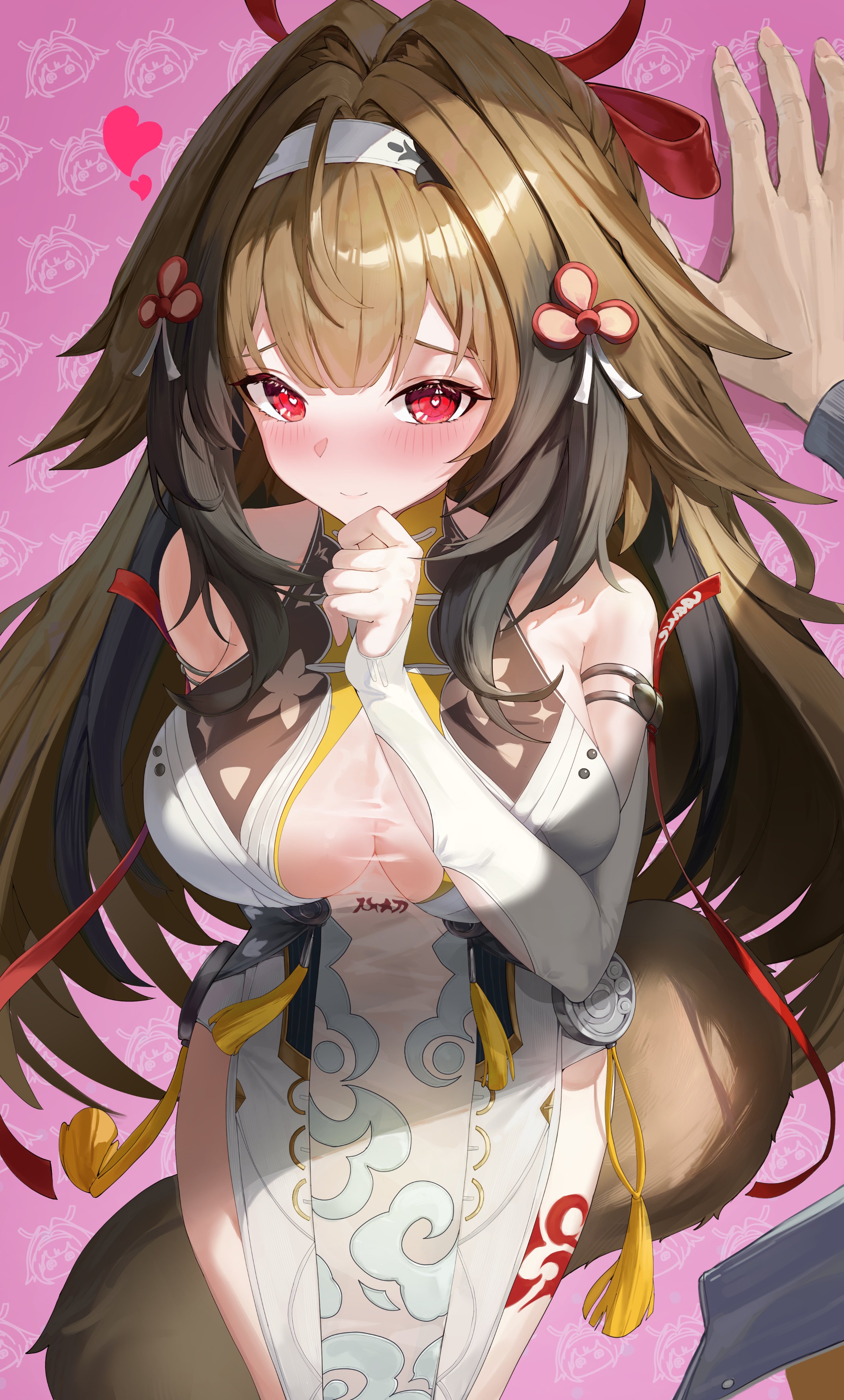 wakum, ye shunguang, zenless zone zero, absurdres, commentary, highres, 1girl, 1other, bare shoulders, blush, breasts, brown hair, brown tail, china dress, chinese clothes, cleavage, closed mouth, dress, feet out of frame, finger to mouth, hair between eyes, hand up, heart, heart in eye, large breasts, long hair, pelvic curtain, red eyes, see-through cleavage, see-through clothes, smile, solo focus, symbol in eye, tassel, very long hair, white dress