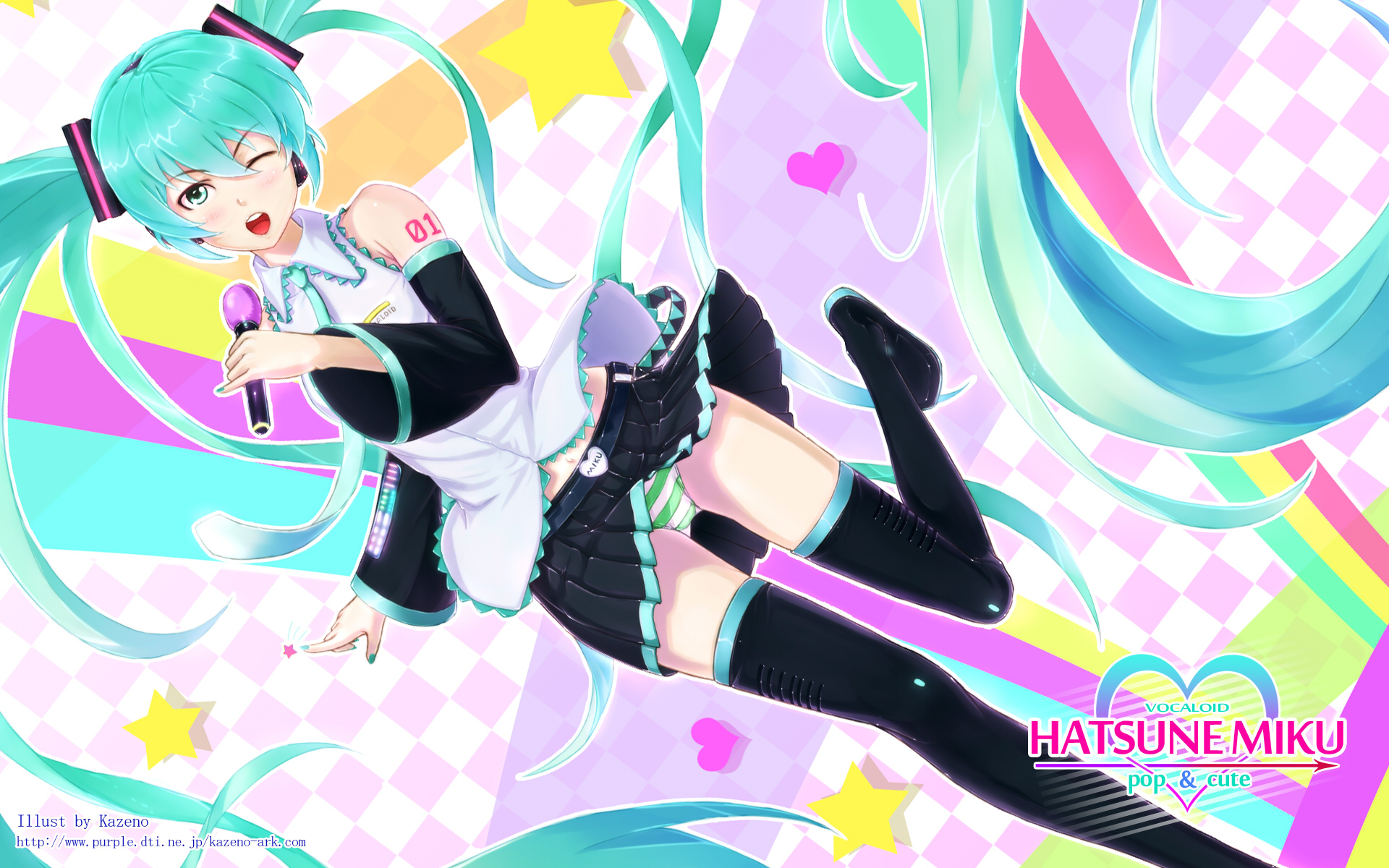 kazeno, hatsune miku, vocaloid, bad id, bad pixiv id, highres, 1girl, aqua eyes, aqua hair, aqua nails, checkered background, detached sleeves, female focus, headset, heart, long hair, microphone, nail polish, navel, necktie, one eye closed, panties, skirt, solo, star (symbol), striped clothes, striped panties, thighhighs, twintails, underwear, very long hair, wink