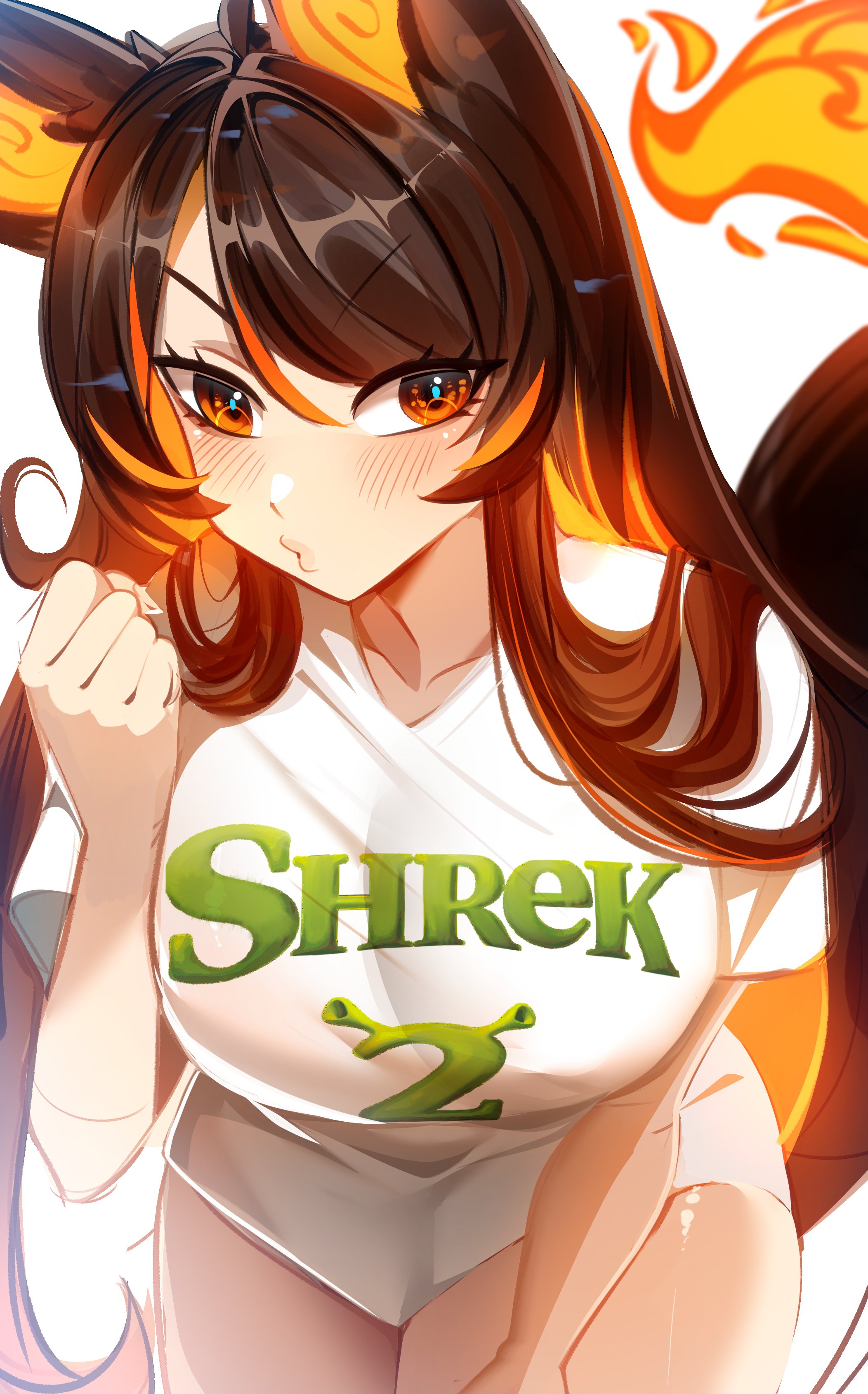 luke hanley, sinder (vtuber), indie virtual youtuber, shrek (series), shrek 2, absurdres, commentary, english commentary, highres, 1girl, animal ears, blush, breasts, brown hair, closed mouth, clothes writing, colored inner hair, fiery tail, fire, large breasts, long hair, looking at viewer, multicolored hair, orange hair, shirt, solo, tail, very long hair, virtual youtuber, white shirt, wolf ears, wolf girl, wolf tail