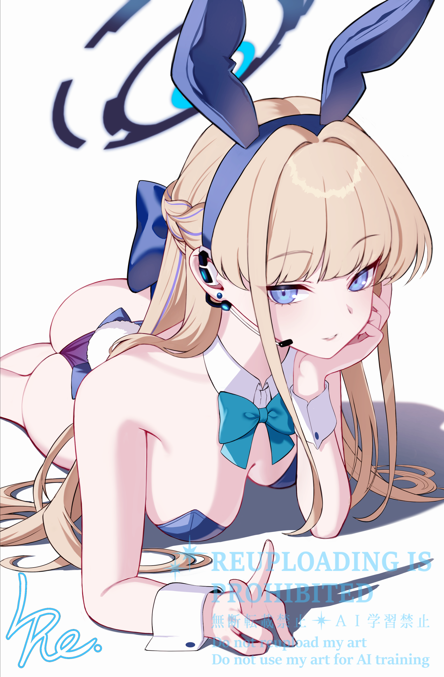l4st resort, toki (blue archive), toki (bunny) (blue archive), blue archive, commentary request, highres, 1girl, animal ear hairband, animal ears, ass, bare shoulders, blonde hair, blue bow, blue bowtie, blue eyes, blue hairband, blue halo, blue leotard, bow, bowtie, closed mouth, collar, detached collar, fake animal ears, hairband, halo, head rest, leotard, long hair, looking at viewer, lying, official alternate costume, on stomach, playboy bunny, rabbit ears, shadow, smile, solo, strapless, strapless leotard, v, very long hair, watermark, white background, white collar, white wrist cuffs, wrist cuffs