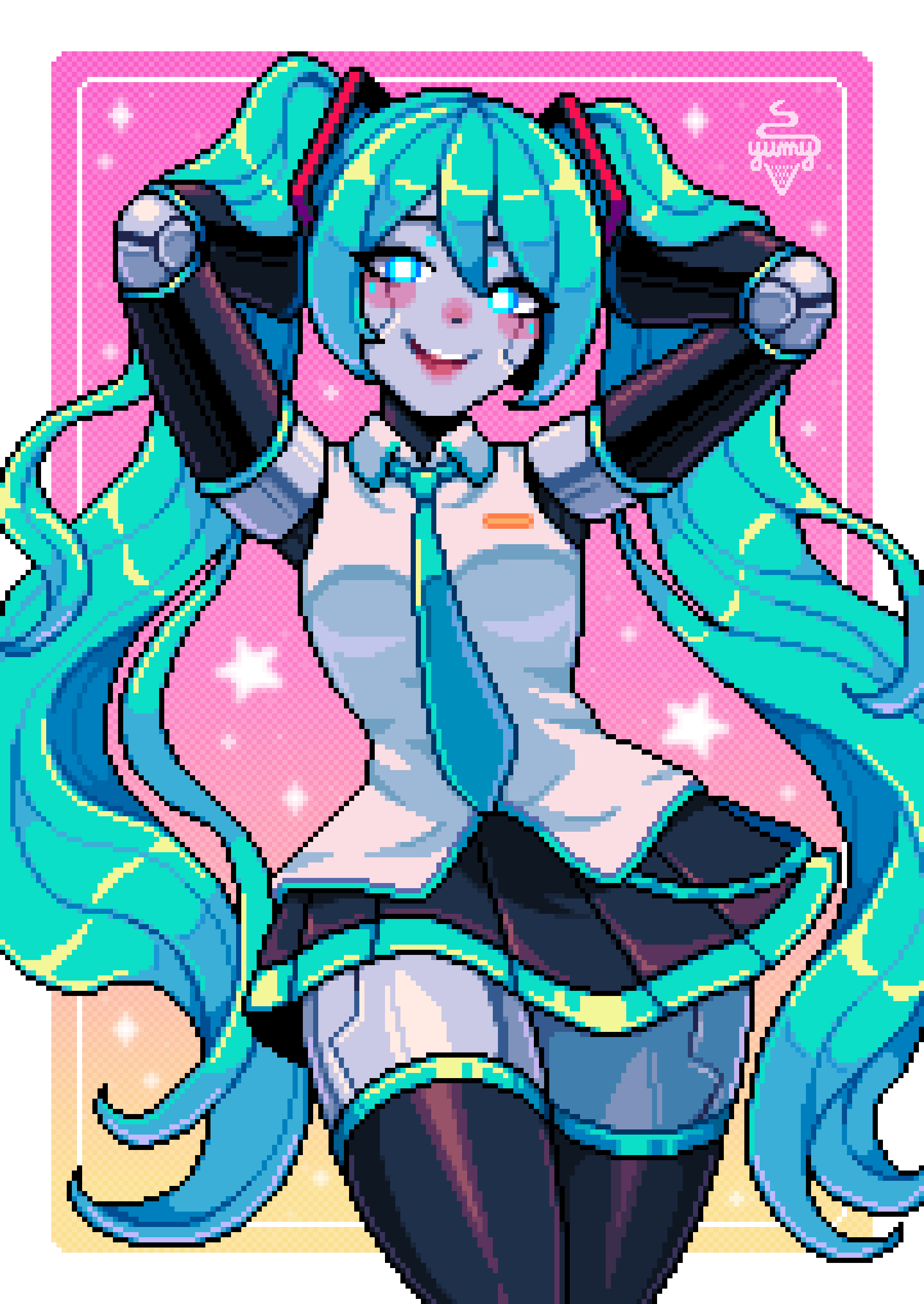 yumykon, hatsune miku, vocaloid, absurdres, commentary, english commentary, highres, 1girl, android, aqua hair, aqua necktie, arms up, artist name, aseprite (medium), blue eyes, breasts, bright pupils, cowboy shot, dutch angle, gradient background, long hair, looking at viewer, necktie, open mouth, pixel art, robot, skirt, sleeveless, small breasts, smile, solo, thick thighs, thighhighs, thighs, twintails, very long hair, white pupils, zettai ryouiki