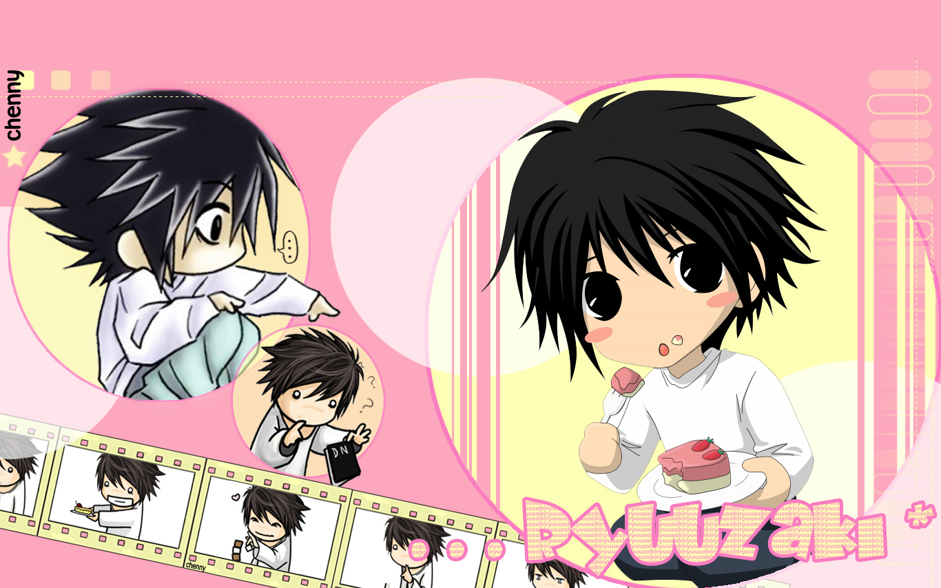 l (death note), death note, shueisha, 1boy, black hair, cake, chibi, death note (object), food, male focus, multiple views, squatting