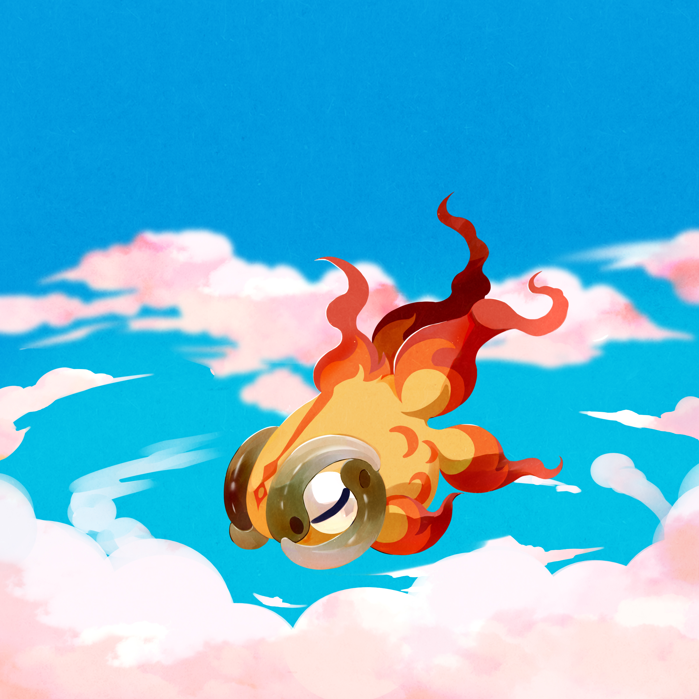 1258265894, chi-yu (pokemon), nintendo, pokemon, absurdres, commentary request, highres, animal focus, blue sky, closed eyes, cloud, fish, full body, magatama, no humans, pokemon (creature), sky, solo
