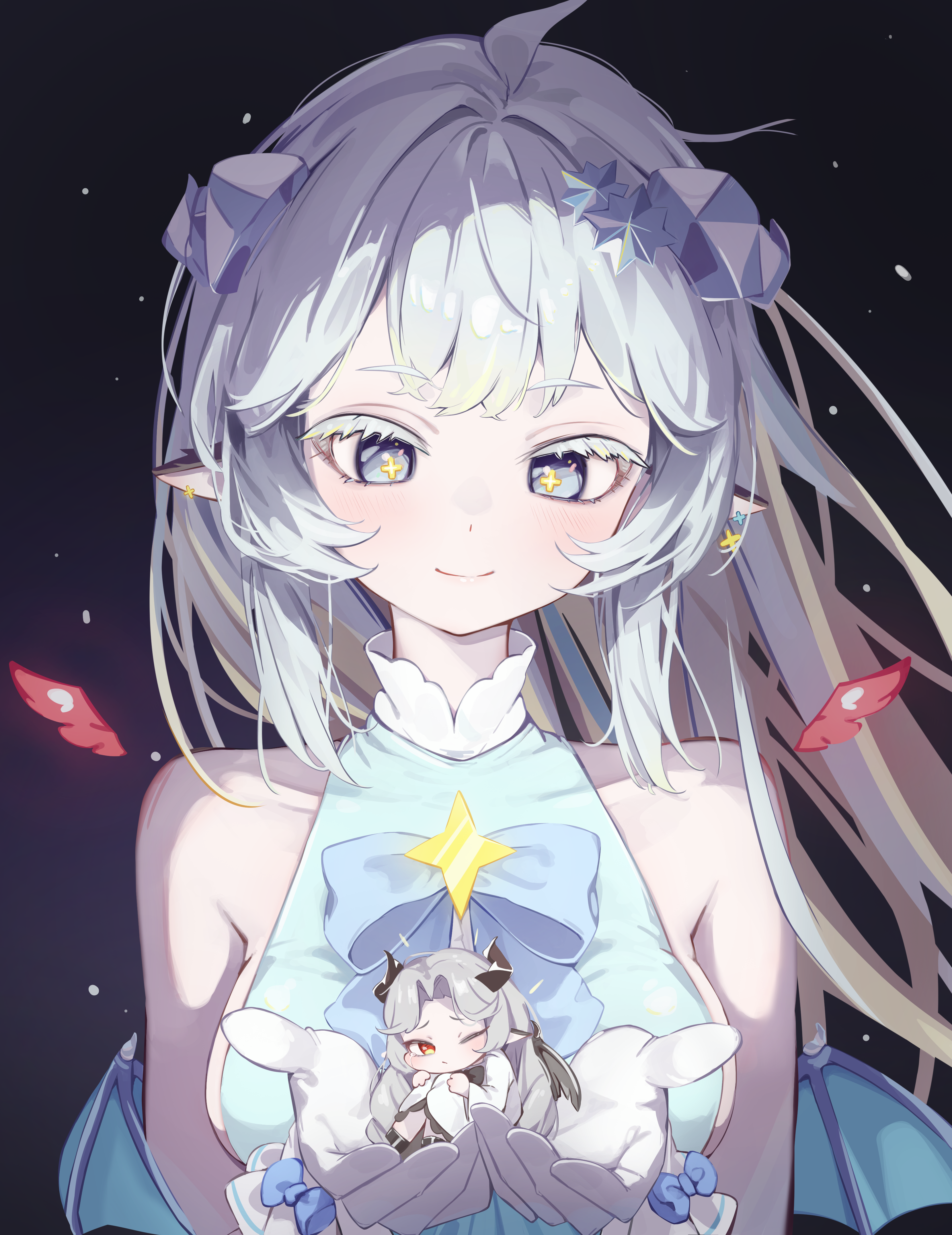 mawe127, daya (trickcal), vivi (trickcal), trickcal, absurdres, commentary, highres, 2girls, ;/, animal ears, aqua wings, armpit crease, bare shoulders, blue bow, blue eyes, blue ribbon, bow, breasts, chibi, closed mouth, collarbone, cross-shaped pupils, detached wings, dot nose, double-parted bangs, gloves, hair ornament, halterneck, high collar, in palm, large breasts, light blush, light smile, long hair, looking at another, mini person, minigirl, multiple girls, one eye closed, raised inner eyebrows, red wings, ribbon, sideboob, sleeveless, smile, symbol-shaped pupils, tears, tears from one eye, upper body, white gloves, white hair, wings, wrist bow, yellow pupils