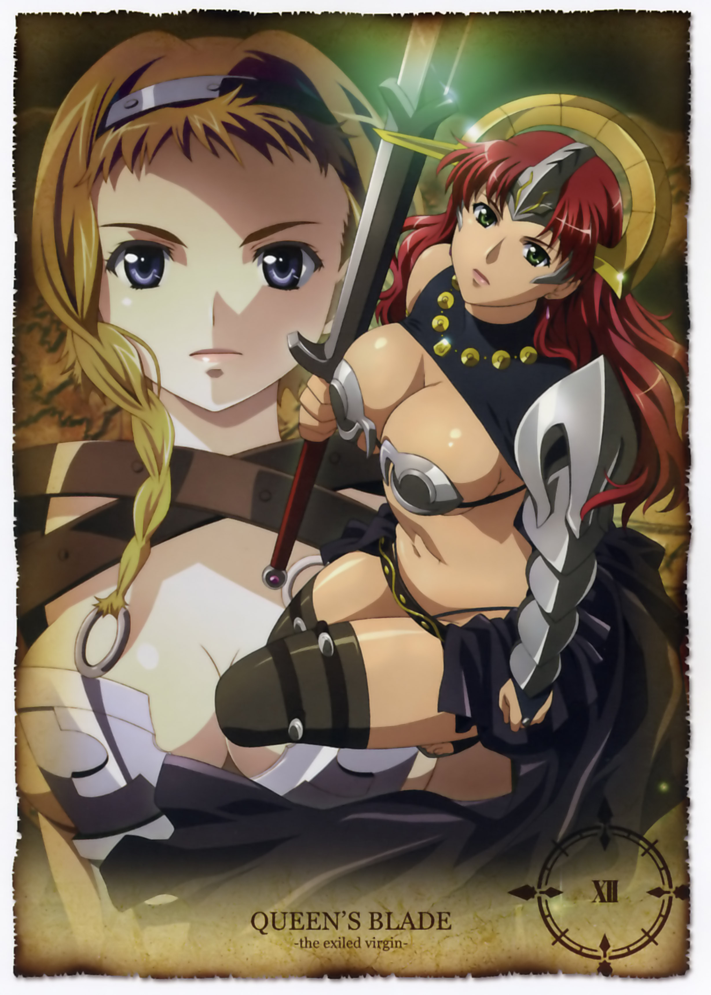 rin-sin, claudette (queen's blade), claudette lord of thundercloud, exiled warrior leina, leina (queen's blade), queen's blade, absurdres, highres, armor, blonde hair, blue eyes, breasts, green eyes, red hair, siblings, sisters, sword, weapon