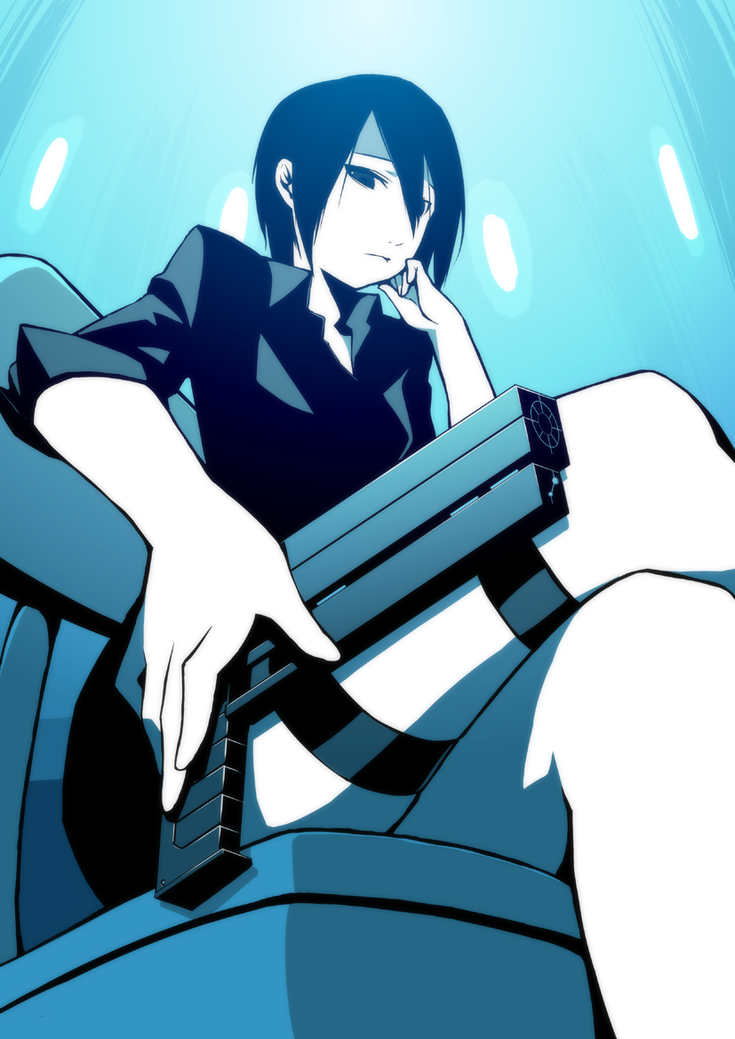 todoroki (pixiv), todoroki (xttn9dul), sanakan, blame!, blame gakuen!, bad id, bad pixiv id, 1girl, crossed legs, female focus, foreshortening, from below, gun, handgun, holster, pistol, sitting, solo, thigh holster, weapon