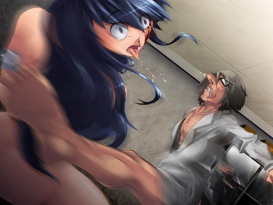 artist request, character request, source request, abuse, battle, blood, blue hair, fighting, glasses, grey hair, injury, kicking, long hair, nude, saliva