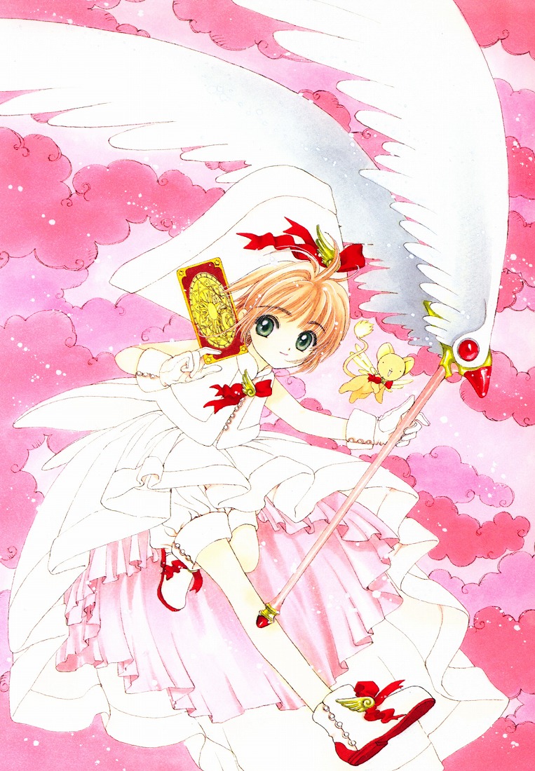 clamp, clow card, kero (cardcaptor sakura), kinomoto sakura, cardcaptor sakura, official art, 1990s (style), 1girl, antenna hair, bloomers, brown hair, card, child, cloud, female focus, full body, fuuin no tsue, hat, holding, holding card, magical girl, pink background, retro artstyle, solo, underwear, wand, white bloomers, white hat, wings