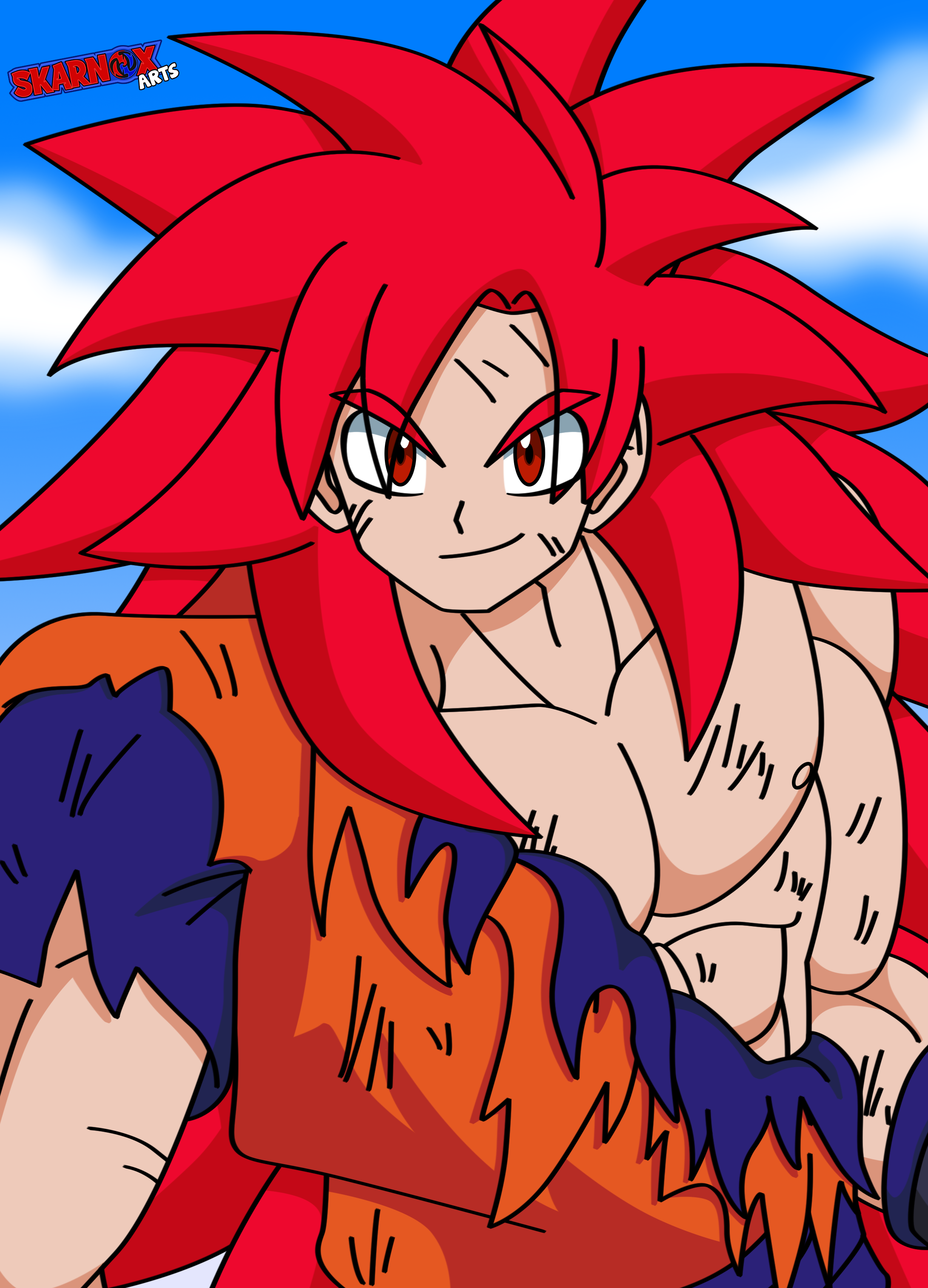 son goku, dragon ball, dragon ball super, dragonball z, absurdres, highres, non-web source, battle damage, damaged, long hair, muscular, muscular male, red eyes, red hair, redesign, super saiyan, super saiyan god