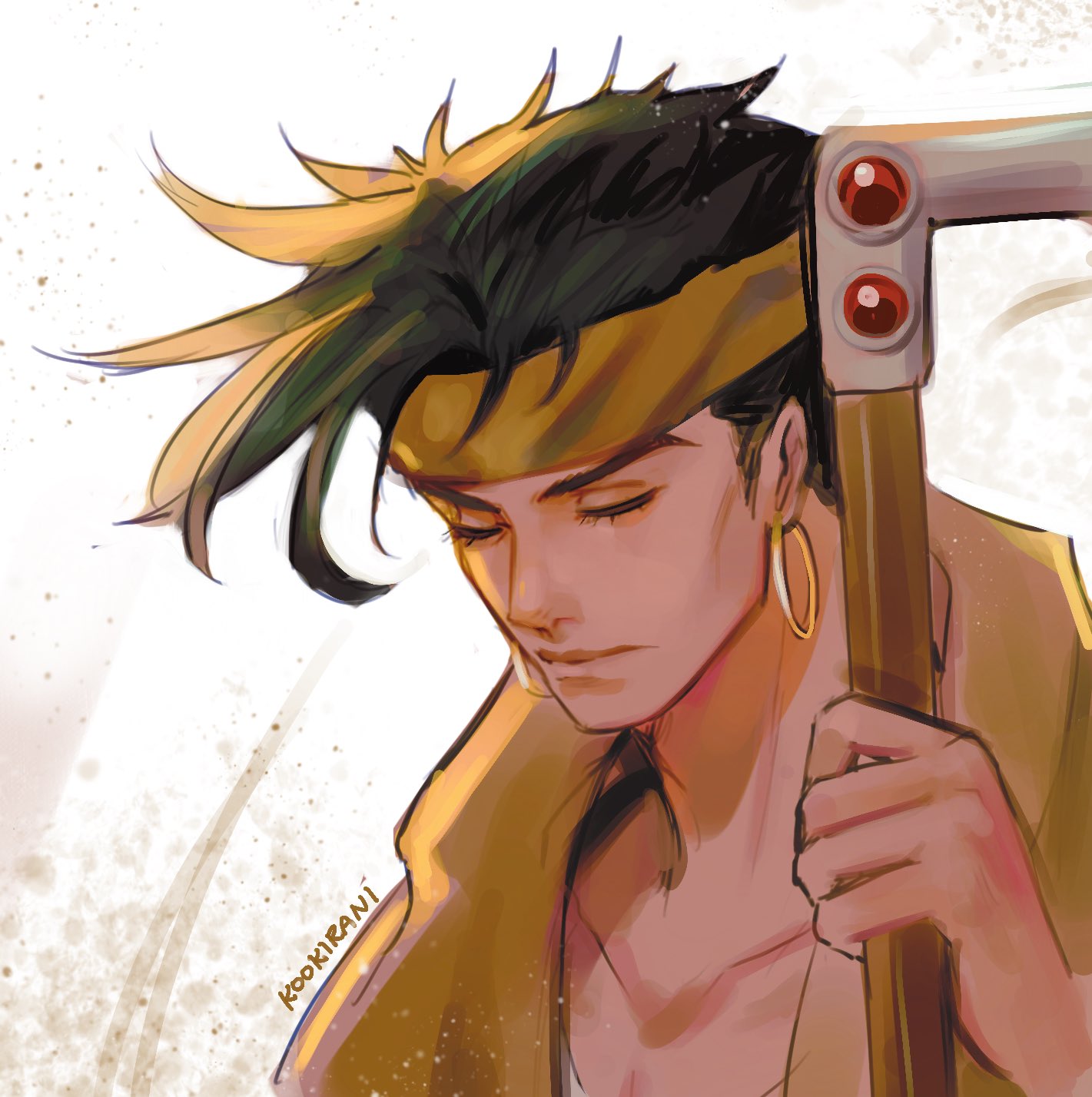 kookirani, n'doul, jojo no kimyou na bouken, stardust crusaders, commentary, highres, 1boy, black hair, cane, closed eyes, closed mouth, collarbone, earrings, headband, holding, holding cane, hoop earrings, jewelry, male focus, signature, solo, upper body, white background, yellow headband
