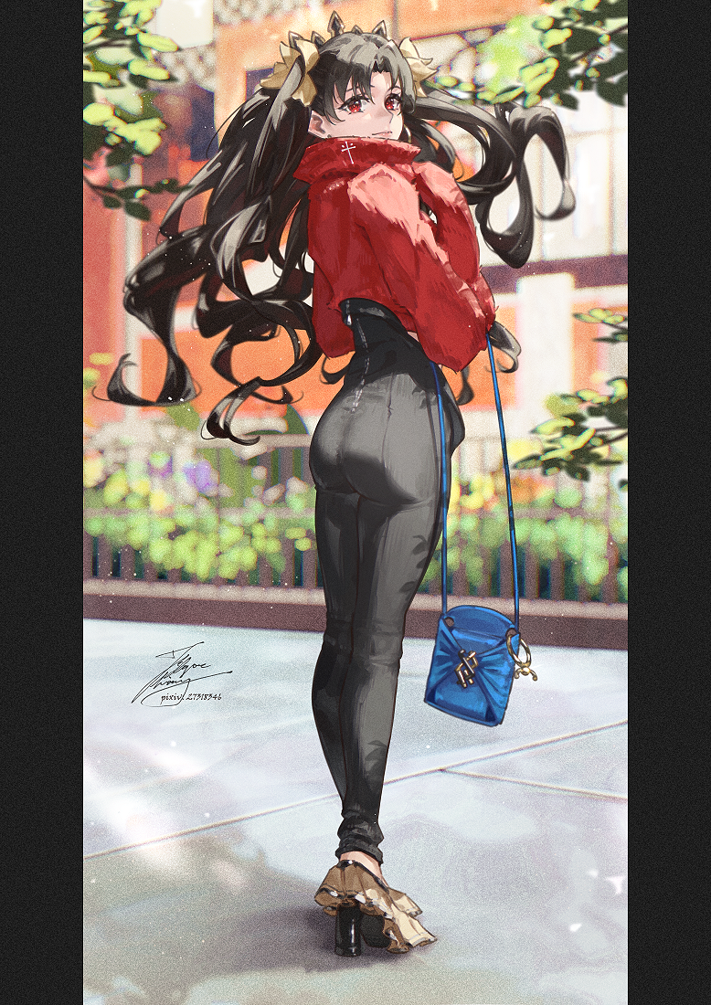 fadingz, ishtar (fate), fate/grand order, fate (series), commentary, 1girl, ass, bag, black hair, black pants, blue bag, crown, floating hair, from behind, full body, handbag, high collar, high heels, light smile, long hair, long sleeves, looking to the side, pants, pillarboxed, red eyes, red sweater, solo, standing, sweater, twintails, zipper