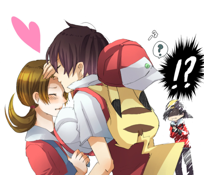 envy, rahiko, ethan (pokemon), lyra (pokemon), pikachu, pixiv red, red (pokemon), nintendo, pokemon, pokemon hgss, pokemon rgby, bad id, bad pixiv id, md5 mismatch, !?, 00s, 1990s (style), 1girl, 2boys, ^^^, baseball cap, black hair, blush, borrowed clothes, brown hair, couple, covered face, gen 1 pokemon, hat, hetero, jealous, kiss, kissing forehead, multiple boys, pokemon (creature), retro artstyle, simple background, unworn hat, unworn headwear