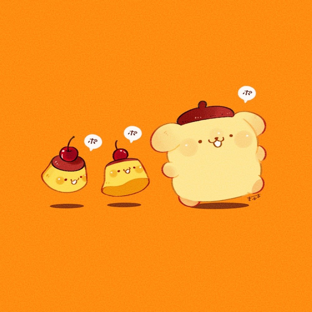 tenmiyakiyo, pompompurin, sanrio, commentary, symbol-only commentary, translation request, :3, animal, animal focus, beret, blush stickers, cherry, dog, food, fruit, full body, hat, no humans, open mouth, orange background, pudding, sentient food, smile