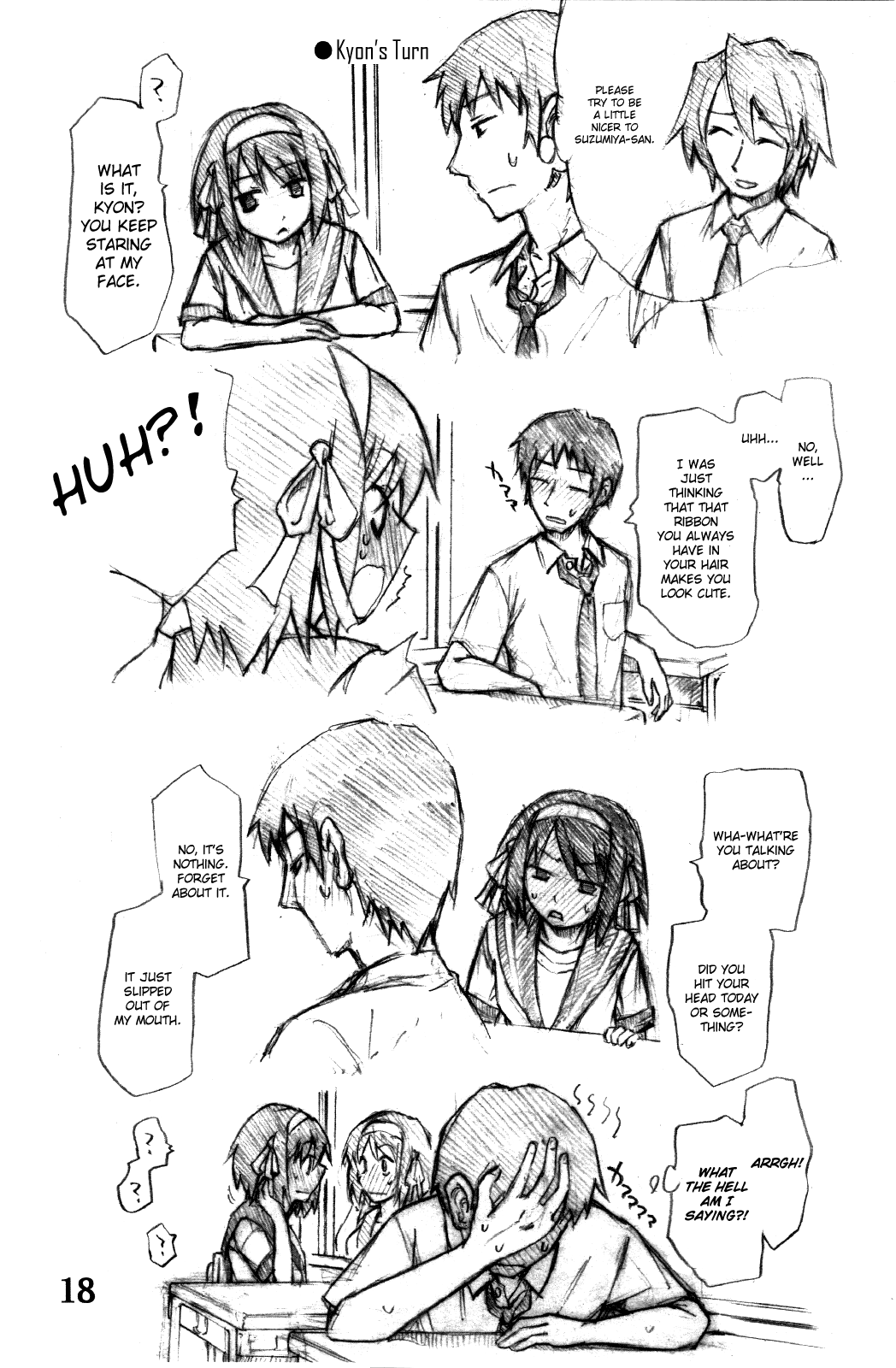 miharu (artist), koizumi itsuki, kyon, suzumiya haruhi, suzumiya haruhi no yuuutsu, hard-translated, highres, third-party edit, 1girl, 2boys, blush, comic, english text, facepalm, greyscale, hairband, monochrome, multiple boys, necktie, reflection, school uniform, short hair, sweatdrop, talking