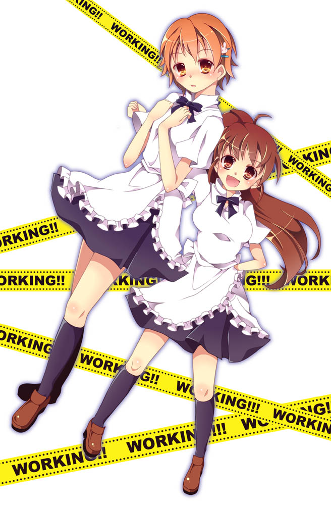 kaza, inami mahiru, taneshima popura, working!!, bad id, bad pixiv id, 2girls, apron, blush, brown eyes, brown hair, caution tape, hair ornament, hairclip, long hair, multiple girls, orange eyes, orange hair, ponytail, short hair, waitress