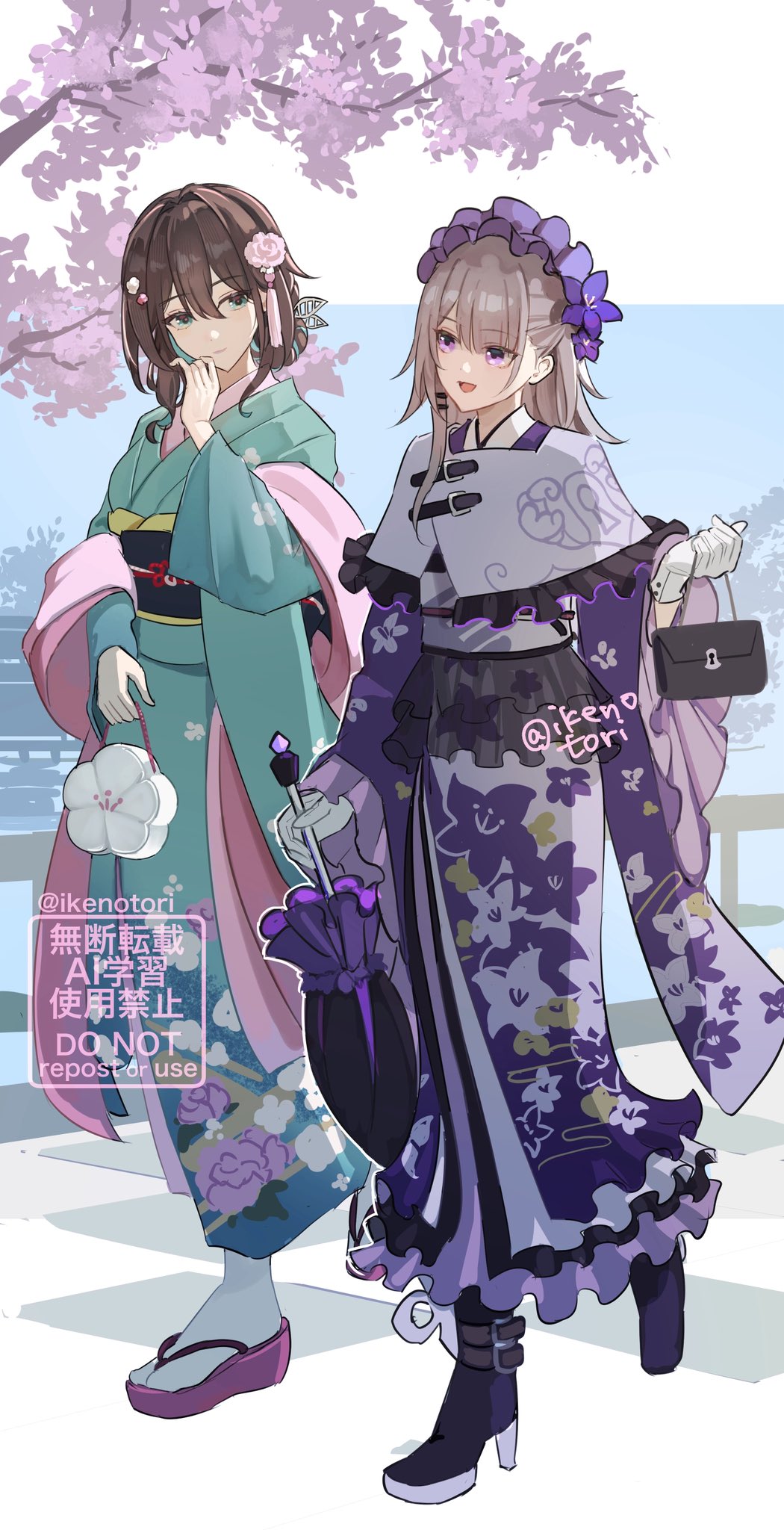 ikenotori, herta (honkai: star rail), ruan mei (honkai: star rail), the herta (honkai: star rail), honkai: star rail, honkai (series), commentary request, highres, 2girls, alternate costume, aqua eyes, bag, black hair, brown hair, cherry blossoms, floral print, flower, frills, furisode, gloves, hair flower, hair ornament, hat, holding, holding bag, holding umbrella, japanese clothes, kimono, kinchaku, long hair, looking at another, mob cap, multicolored hair, multiple girls, obi, obiage, platform heels, platform sandals, pouch, purple eyes, sandals, sash, streaked hair, umbrella, walking