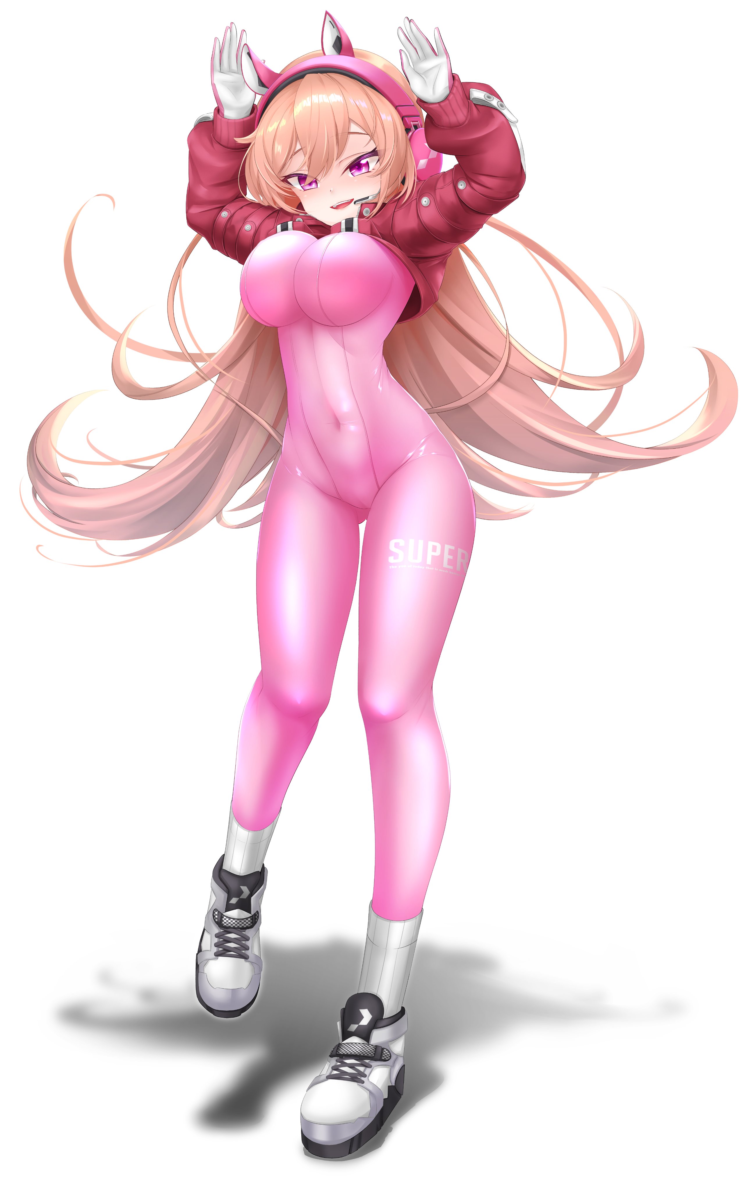 astera tofu, alice (nikke), runie ruse, phase connect, absurdres, commentary, english commentary, highres, 1girl, alice (nikke) (cosplay), animal ear headphones, animal ears, bodysuit, breasts, clothes writing, cosplay, covered navel, fake animal ears, gloves, headphones, open mouth, orange hair, pink bodysuit, pink gloves, purple eyes, shadow, shoes, socks, teeth, two-sided gloves, upper teeth only, virtual youtuber, white gloves, white shoes, white socks