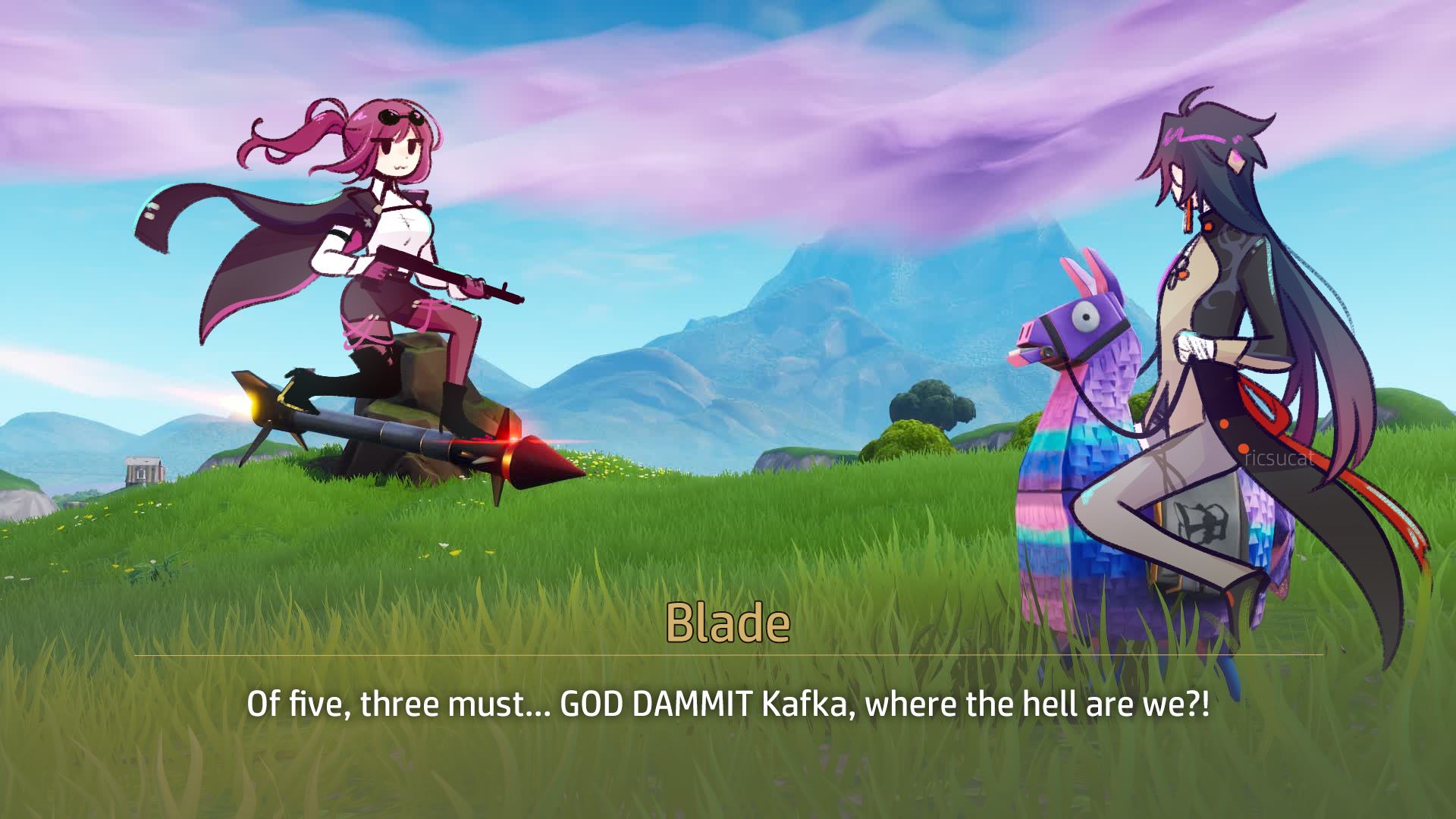blade (honkai: star rail), kafka (honkai: star rail), supply llama (fortnite), fortnite, honkai: star rail, honkai (series), commentary, english commentary, highres, 1boy, 1girl, :3, artist name, bandaged hand, bandages, black hair, blue sky, english text, full body, game screenshot background, glasses, gloves, holding, holding weapon, jitome, long hair, looking at another, missile, mountainous horizon, outdoors, pinata, pince-nez, profanity, purple gloves, purple hair, ricsucat, round eyewear, screenshot background, sky, subtitled, sunglasses, weapon