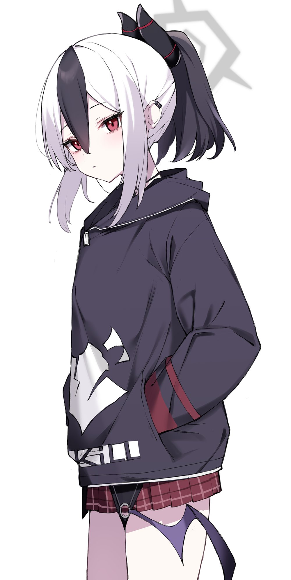 haruyuki (yukichasoba), kayoko (blue archive), blue archive, commentary request, highres, 1girl, black hoodie, black streaks, closed mouth, halo, hand in pocket, hood, hoodie, long hair, looking at viewer, multicolored hair, red eyes, red skirt, skirt, solo, two-tone hair, white background, white hair