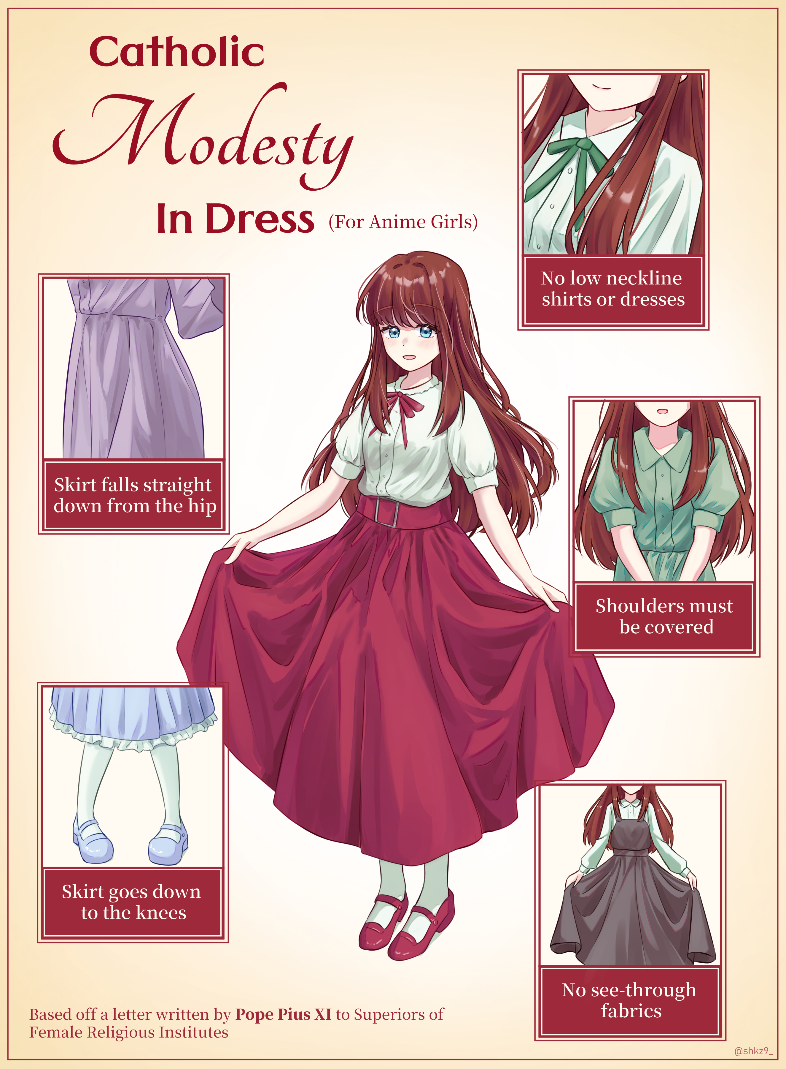 original, absurdres, commentary, english commentary, highres, 1girl, belt, belt buckle, blue eyes, blue shoes, blue skirt, blush, breasts, brown hair, buckle, buttons, christianity, collared shirt, dress, dress shirt, english text, frilled skirt, frills, full body, green dress, green ribbon, grey dress, hair intakes, how to, long hair, long sidelocks, long skirt, looking at viewer, mary janes, multiple views, neck ribbon, open mouth, pinafore dress, puffy short sleeves, puffy sleeves, purple dress, red belt, red ribbon, red shoes, red skirt, ribbon, shirt, shirt tucked in, shkz9, shoes, short sleeves, sidelocks, skirt, skirt hold, sleeveless, sleeveless dress, small breasts, smile, socks, standing, twitter username, wavy hair, white shirt, white socks