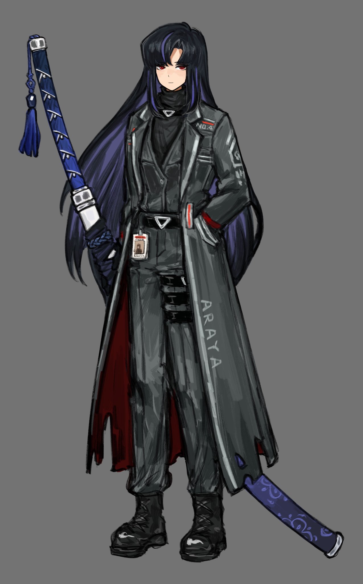 shan23852196, araya (project moon), limbus company, project moon, highres, 1girl, aged up, alternate costume, belt, belt buckle, black belt, black hair, black shoes, blue streaks, buckle, character name, closed mouth, clothes writing, coat, curtained hair, expressionless, full body, grey background, grey coat, grey pants, grey vest, hand in pocket, lapels, lcb uniform (project moon), long hair, long sidelocks, long sleeves, looking at viewer, multicolored hair, name tag, notched lapels, ootachi, open clothes, open coat, pants, parted bangs, red eyes, scabbard, sheath, shoes, sidelocks, simple background, solo, standing, streaked hair, tassel, thigh strap, torn clothes, torn coat, turtleneck, vest
