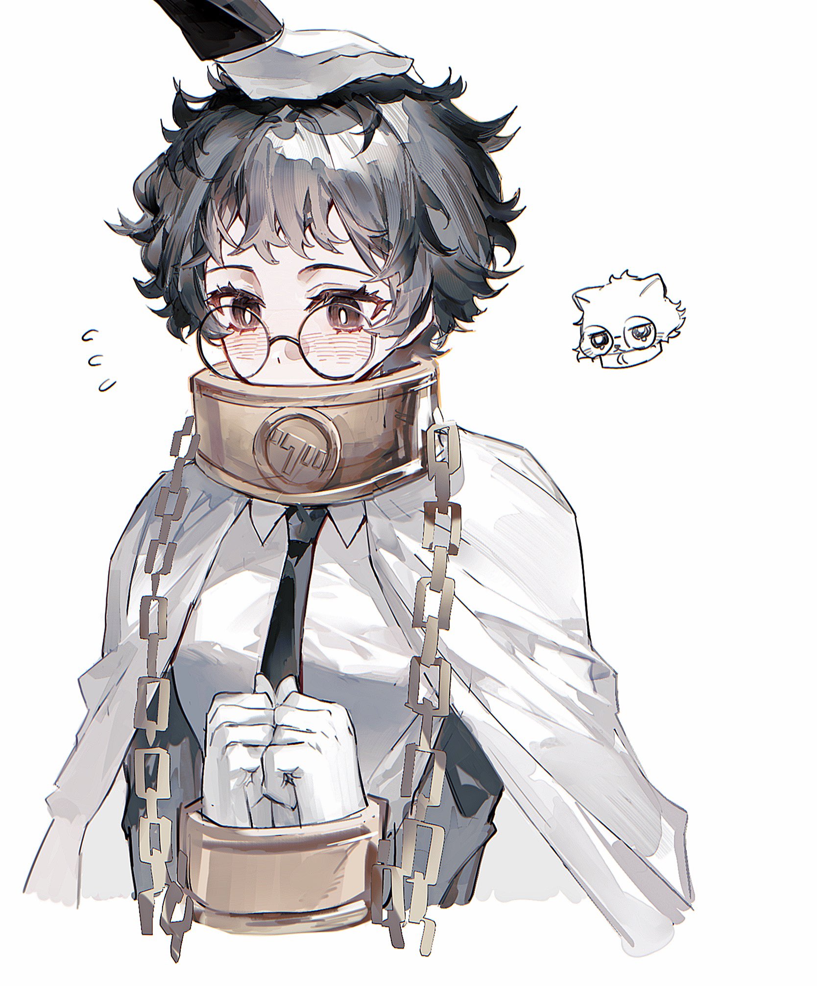 bochishiraita, rien (project moon), sora (project moon), limbus company, project moon, highres, 1girl, black eyes, black hair, black necktie, black sleeves, blush, bound, bound wrists, bright pupils, cat, chained wrists, cloak, collar, collared shirt, cropped torso, doodle inset, flying sweatdrops, gloves, hands up, headpat, long sleeves, messy hair, metal collar, necktie, own hands together, round eyewear, shirt, short hair, simple background, upper body, white background, white cloak, white gloves, white pupils, white shirt