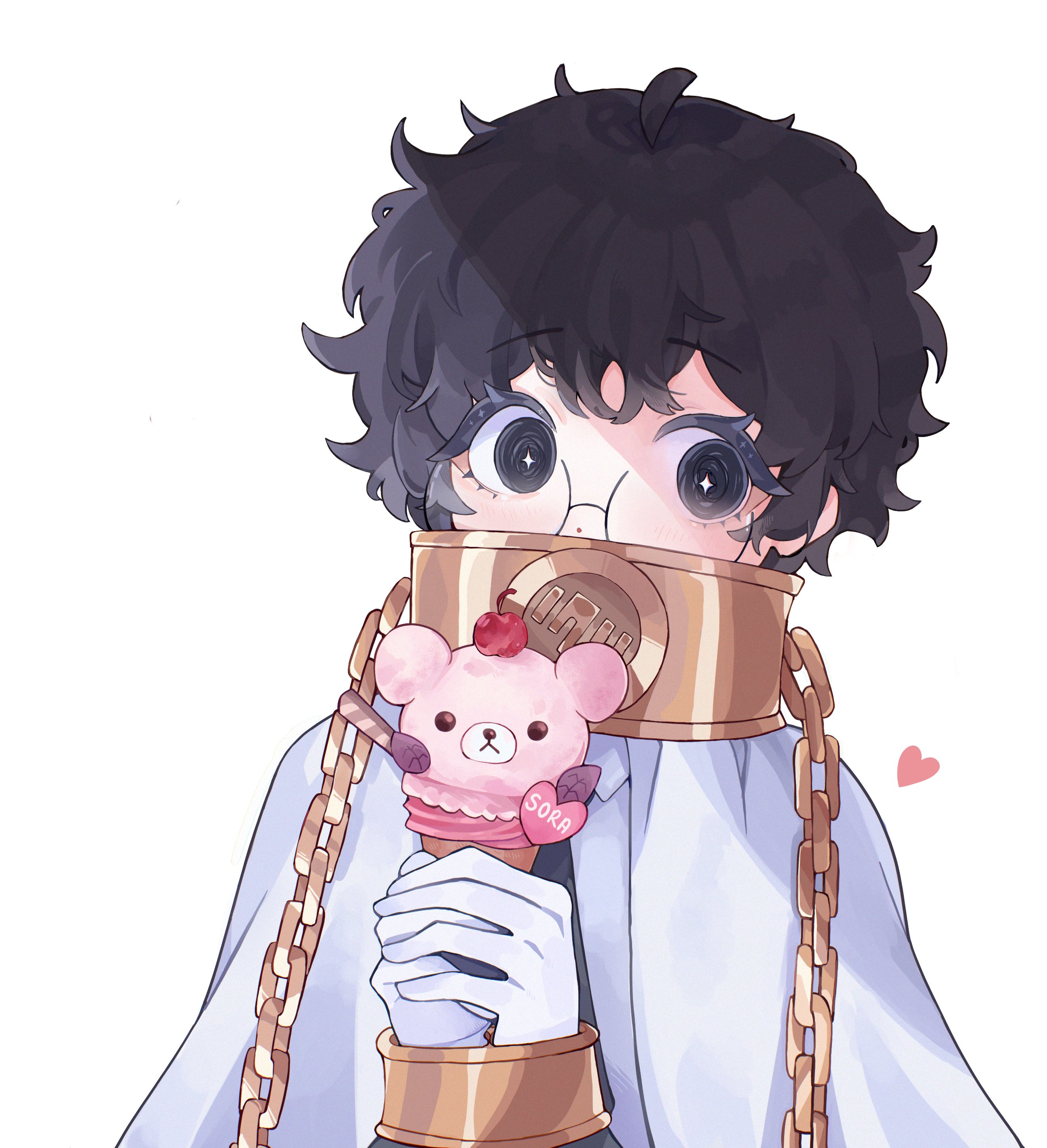 kyuncat, sora (project moon), limbus company, project moon, absurdres, commentary, english commentary, highres, + +, 1girl, black eyes, black hair, blush, bound, bound wrists, bright pupils, chained wrists, character name, cherry, cloak, collar, dot nose, food, fruit, glasses, gloves, hands up, heart, holding, holding food, holding ice cream, holding ice cream cone, ice cream, ice cream cone, messy hair, metal collar, own hands together, round eyewear, short hair, simple background, solo, upper body, white background, white cloak, white gloves, white pupils