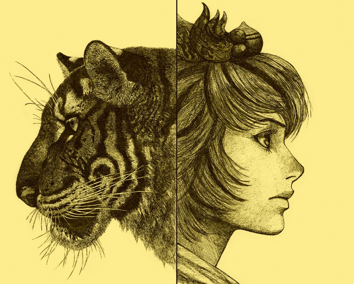 kobushi, yodoro kagyu, toramaru shou, toramaru shou (tiger), touhou, bad id, bad pixiv id, 1girl, dual persona, female focus, monochrome, profile, realistic, simple background, solo, symmetry, tiger