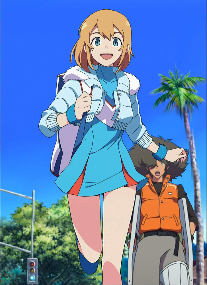 joey jones, simon kaina, heroman, anime screenshot, stitched, third-party edit, 2boys, cheerleader, crossdressing, crossdressing (mtf), hair over one eye, male focus, multiple boys, smile, traffic light, trap