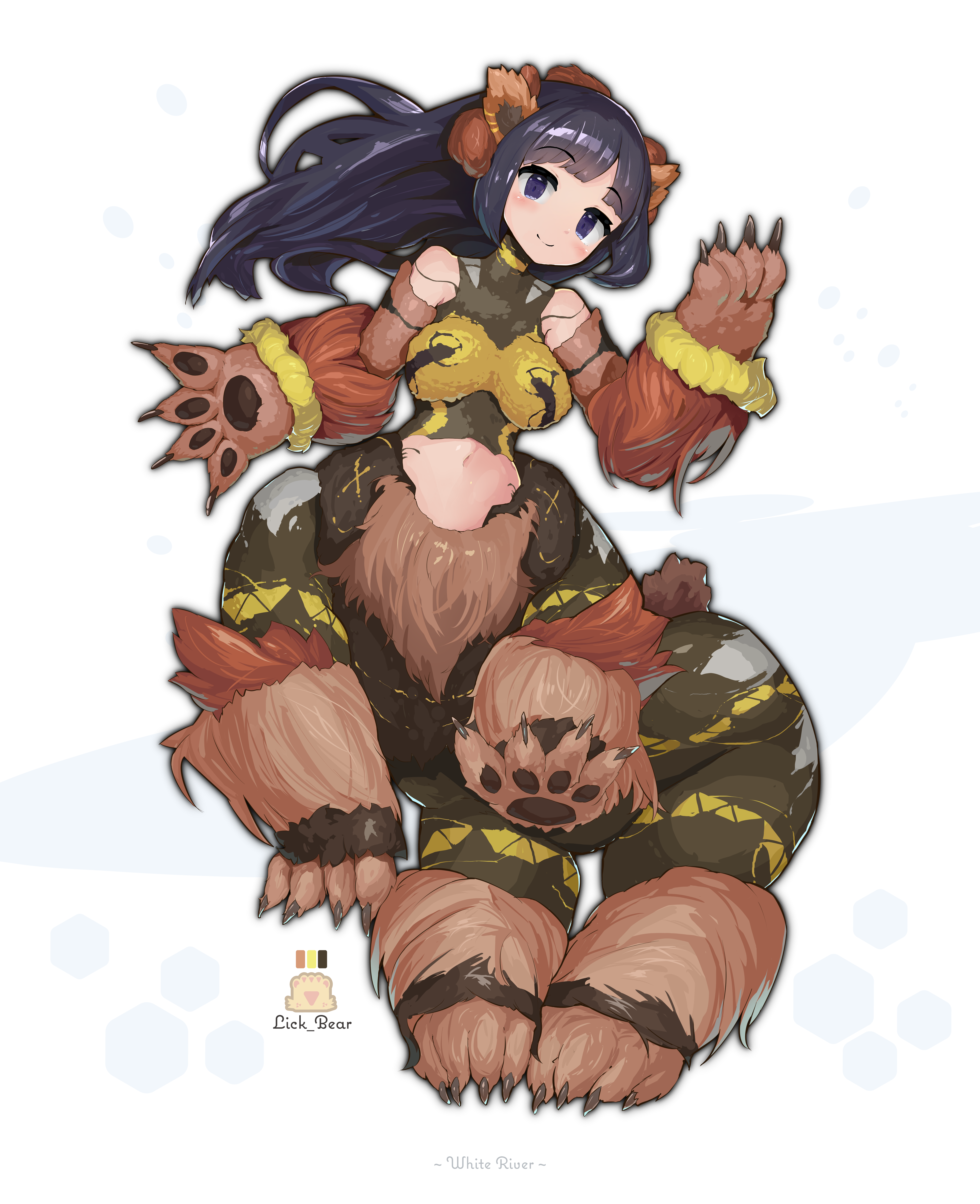 shitoi (aqua1487), original, absurdres, commentary request, highres, 1girl, animal ears, animal hands, bare shoulders, bear, bear ears, bear girl, bear paws, bear tail, blue eyes, blunt bangs, blush, breasts, color guide, english text, floating hair, fur trim, honeycomb (pattern), logo, long hair, long sidelocks, looking at viewer, medium breasts, monster girl, multiple legs, navel, organic bra, rearing, sidelocks, simple background, smile, solo, tail, taur, white background