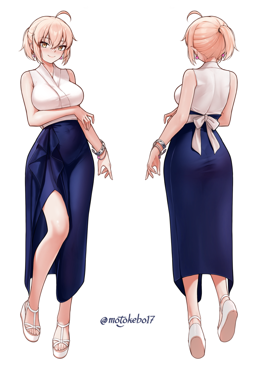 motokebo17, okita souji (fate), fate/grand order, fate (series), highres, 1girl, ahoge, ass, back, blonde hair, blue skirt, blush, breasts, full body, large breasts, long skirt, looking at viewer, platform sandals, ponytail, sandals, shirt, short hair, short ponytail, skirt, sleeveless, sleeveless shirt, smile, white shirt, yellow eyes