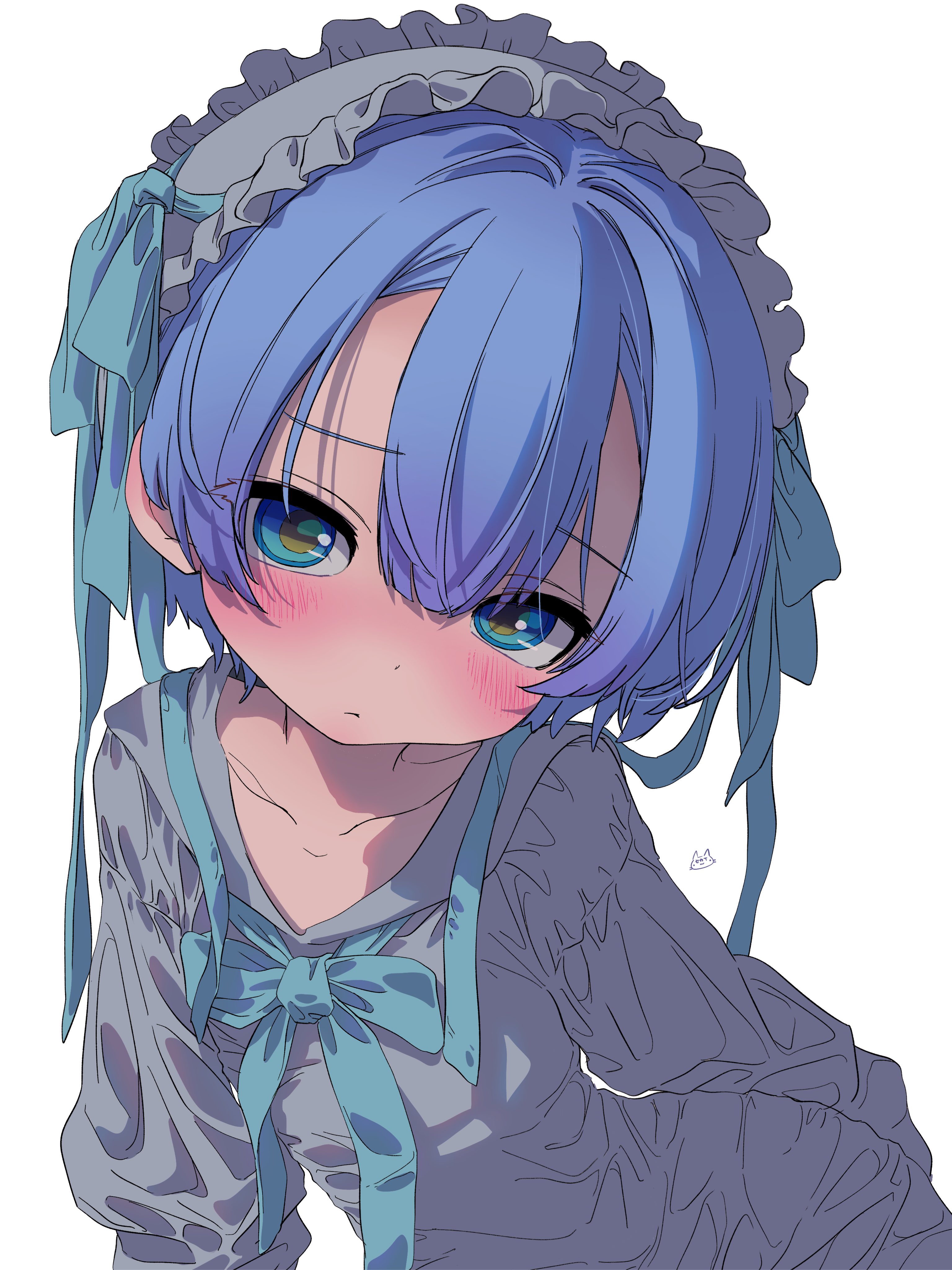 sekaineko 001, maruruk, made in abyss, absurdres, commentary request, highres, 1boy, blue eyes, blue hair, bonnet, closed mouth, collarbone, crossdressing, crossdressing (mtf), double-parted bangs, dress, frilled bonnet, frills, grey bonnet, grey dress, hair between eyes, looking at viewer, male focus, short hair, simple background, sitting, solo, upper body, white background