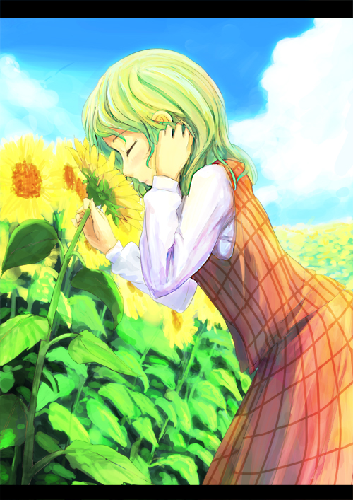 you (shimizu), kazami yuuka, touhou, bad id, bad pixiv id, 1girl, adjusting hair, closed eyes, cloud, day, female focus, field, flower, flower field, green hair, leaning forward, letterboxed, plaid clothes, plaid skirt, plaid vest, profile, skirt, skirt set, smelling, smelling flower, solo, sunflower, sunflower field, vest