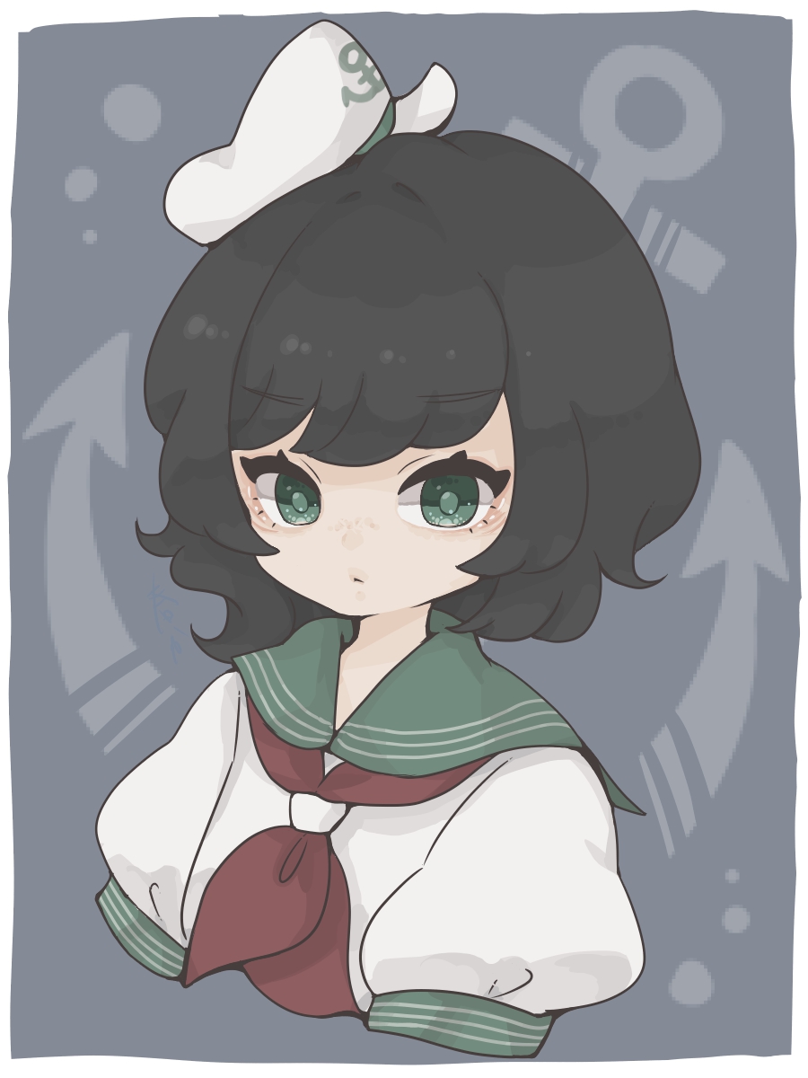 harukairo, murasa minamitsu, touhou, commentary, highres, symbol-only commentary, 1girl, anchor print, black hair, closed mouth, cropped arms, cropped torso, green eyes, green sailor collar, hat, looking at viewer, mini hat, neckerchief, puffy short sleeves, puffy sleeves, red neckerchief, sailor, sailor collar, sailor hat, school uniform, serafuku, short hair, short sleeves, sideways hat, solo, white hat