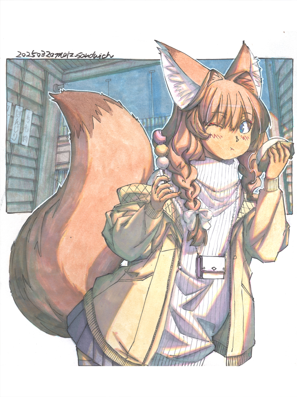 meiz, original, highres, making-of available, painting (medium), traditional media, watercolor (medium), 1girl, animal ear fluff, animal ears, architecture, bag, blush, braid, brown hair, chain, chewing, dango, east asian architecture, eating, food, fox ears, fox girl, fox tail, hair intakes, indoors, low twin braids, off-shoulder jacket, off shoulder, one eye closed, outline, pleated skirt, ribbon, scenery, shikishi, sidelocks, skirt, solo, steamed bun, sweater, tail, thighhighs, turtleneck, turtleneck sweater, twin braids, wagashi, white outline