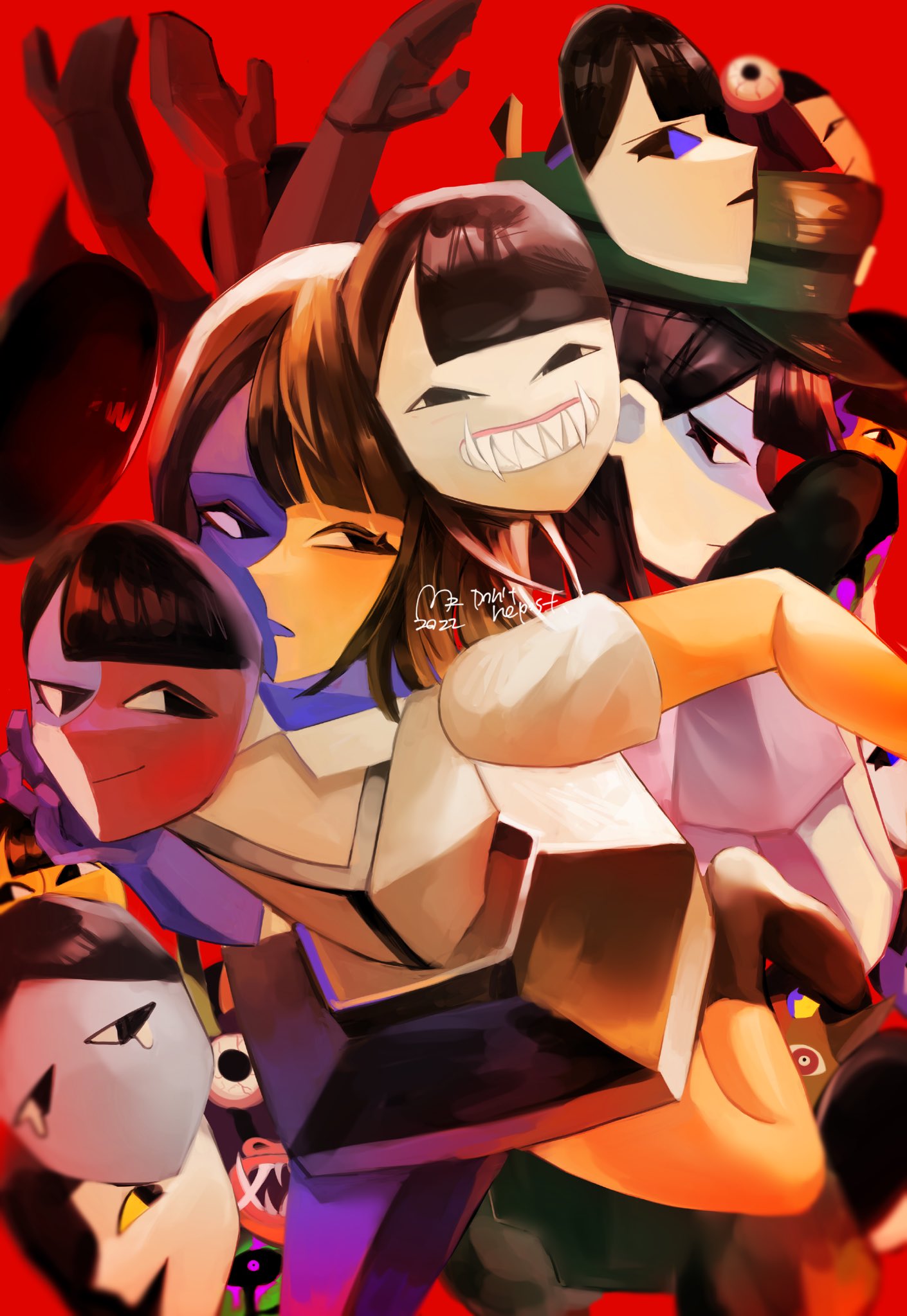 usagimarumei, demon ena, diablada ena, drunk ena, ena (dream bbq), ena (ena), full-sadness ena, green ena, happy ena, sadder ena, salesperson ena, ena: dream bbq, ena (series), ena (web series), commentary, highres, symbol-only commentary, 2girls, black eyes, black hair, blue skin, blunt bangs, blunt ends, colored skin, diablada, ena (species), eyeball, fangs, full-happiness ena, hat, holding, holding mask, low poly, mask, multicolored skin, multiple girls, open mouth, sharp teeth, shirt, short sleeves, smile, split-color skin, surreal, teeth, tusks, two-tone skin, unworn mask