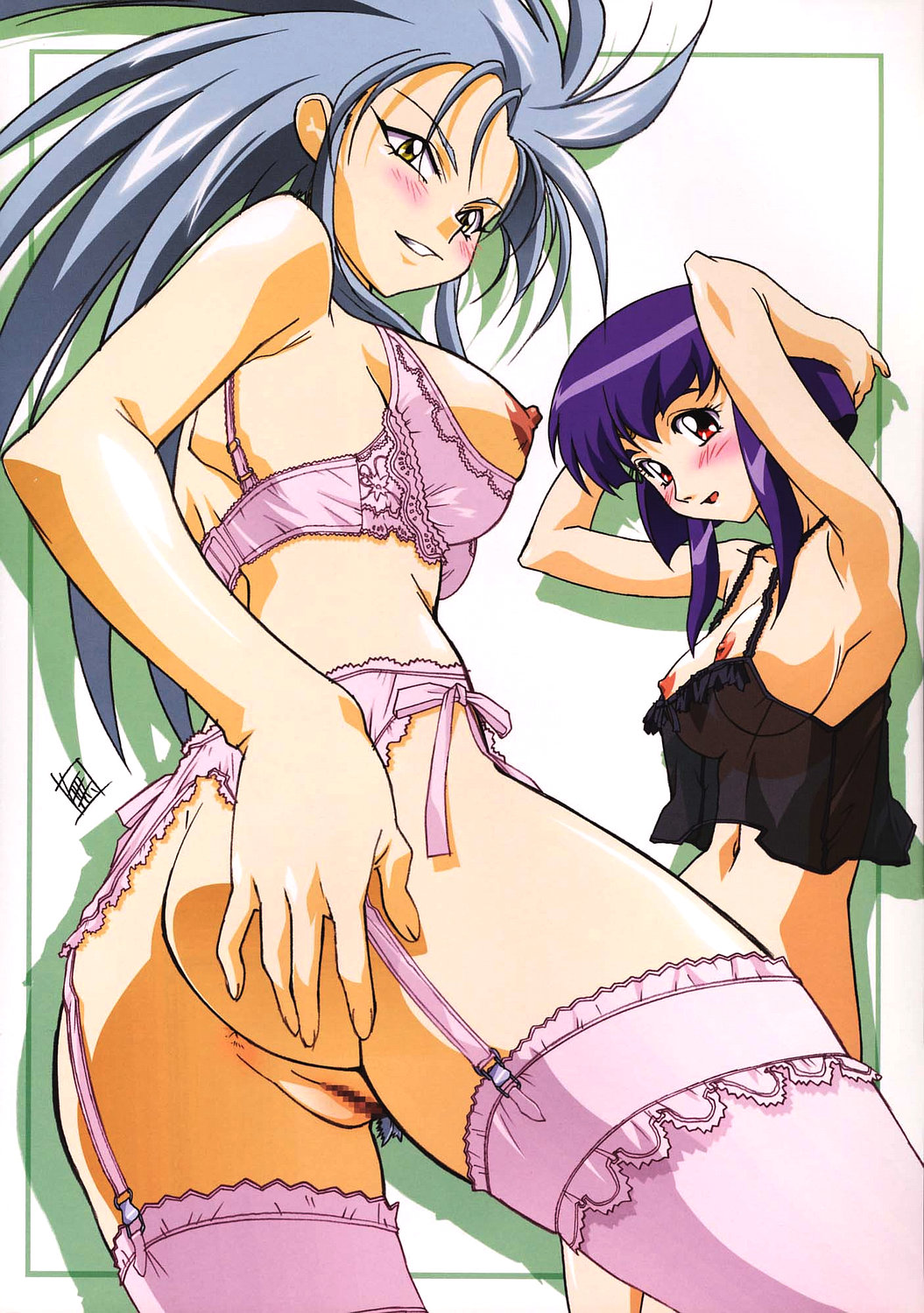 masaki aeka jurai, ryouko (tenchi muyou!), tenchi muyou!, highres, 2girls, anus, ass, blush, bottomless, bra, breasts, camisole, censored, cupless bra, female pubic hair, garter belt, lingerie, medium breasts, multiple girls, nipples, pink bra, pubic hair, pussy, see-through clothes, shelf bra, thighhighs, underwear