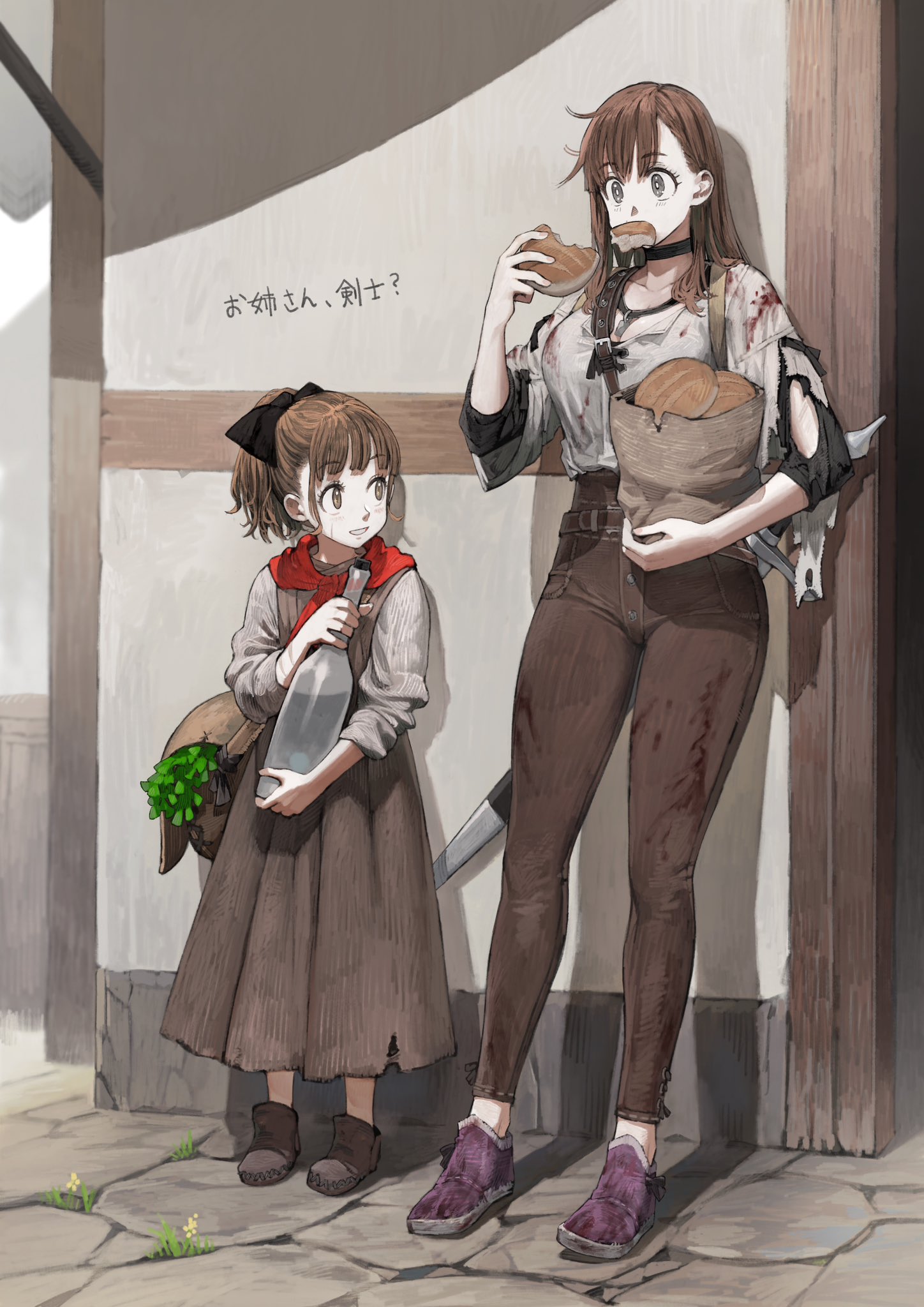 jun (navigavi), original, commentary request, highres, translation request, 2girls, bag, black choker, blood, blood on clothes, bottle, bow, bread, breasts, brown hair, choker, cobblestone, doorway, eating, facial scar, food, food in mouth, full body, hair bow, holding, holding bag, holding bottle, multiple girls, outdoors, scabbard, scar, scar on cheek, scar on face, sheath, sheathed, shoes, shoulder bag, smile, sword, torn clothes, weapon