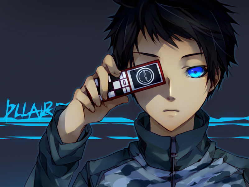 matsunaka hiro, ryuugamine mikado, durarara!!, bad id, bad pixiv id, 1boy, black hair, blue eyes, cellphone, jacket, male focus, phone, solo, zipper