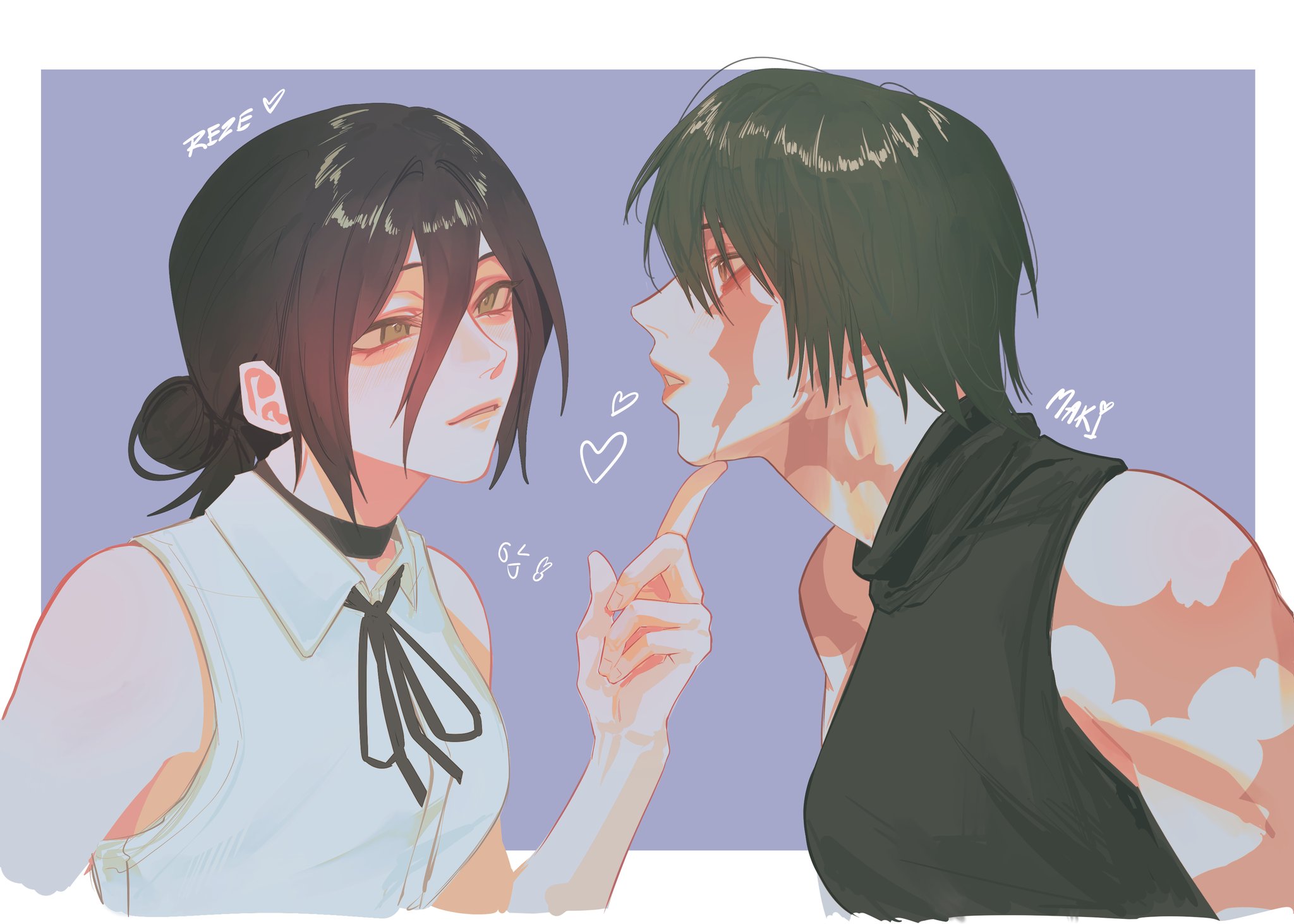 zoulnova, reze (chainsaw man), zen'in maki, chainsaw man, jujutsu kaisen, highres, black choker, black hair, black ribbon, breasts, burn scar, choker, crossover, green eyes, hair between eyes, hair bun, large breasts, long hair between eyes, multiple scars, muscular, muscular female, neck ribbon, ribbon, scar, scar on arm, scar on face, scars all over, shirt, short hair, simple background, sleeveless, sleeveless shirt, too many, yuri, zen'in maki (post shibuya)