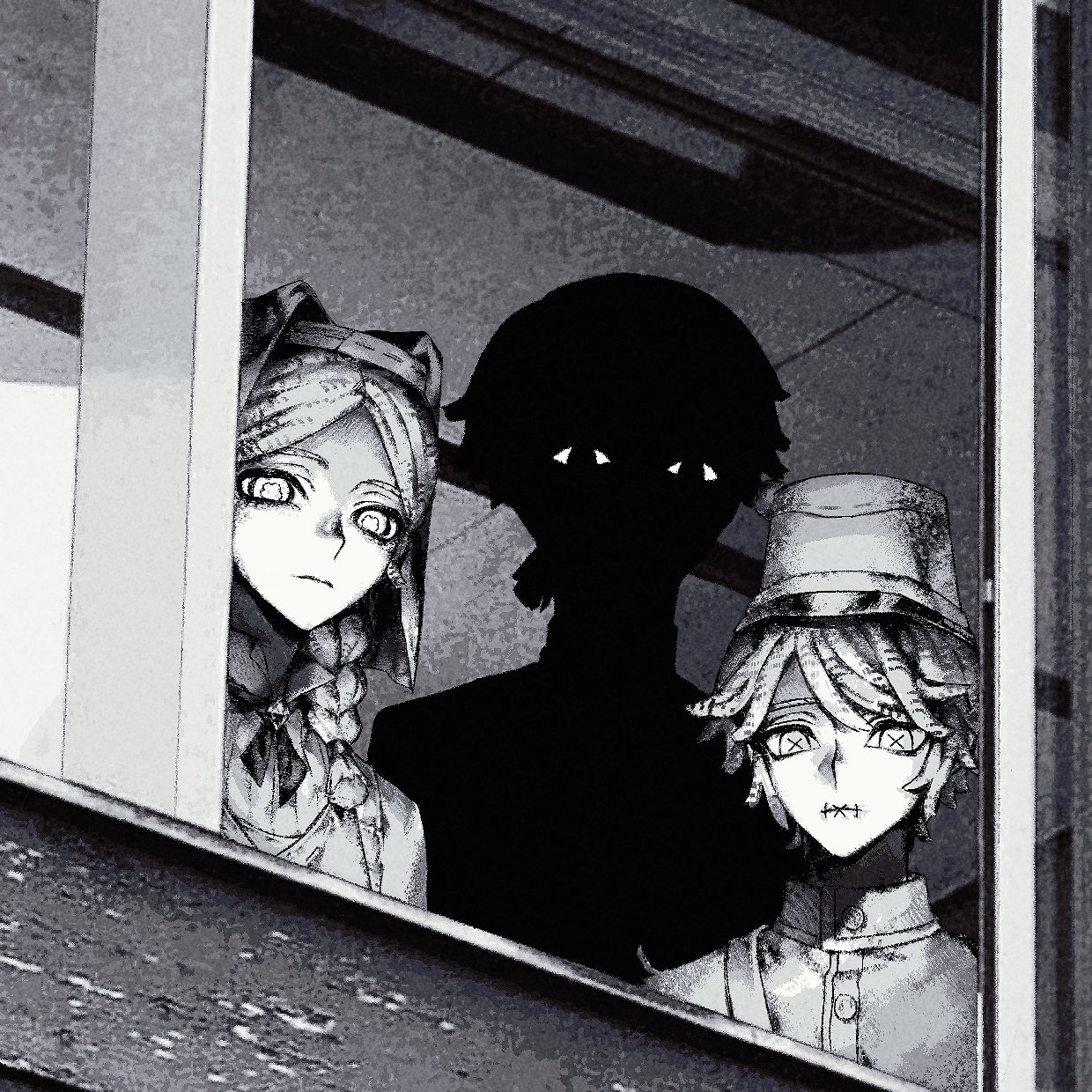 s 0174, aesop carl, victor grantz, identity v, highres, 1girl, 2boys, anne lester, braid, buttons, closed mouth, coif, expressionless, eyed silhouette, eyes in shadow, from outside, greyscale, hat, horror (theme), indoors, long hair, looking at viewer, looking outside, low ponytail, monochrome, multiple boys, neck ribbon, open window, parted bangs, peaked cap, ponytail, popped collar, portrait, ribbon, shirt, short hair, silhouette, stitched mouth, stitches, swept bangs, twin braids, upper body, veil, window