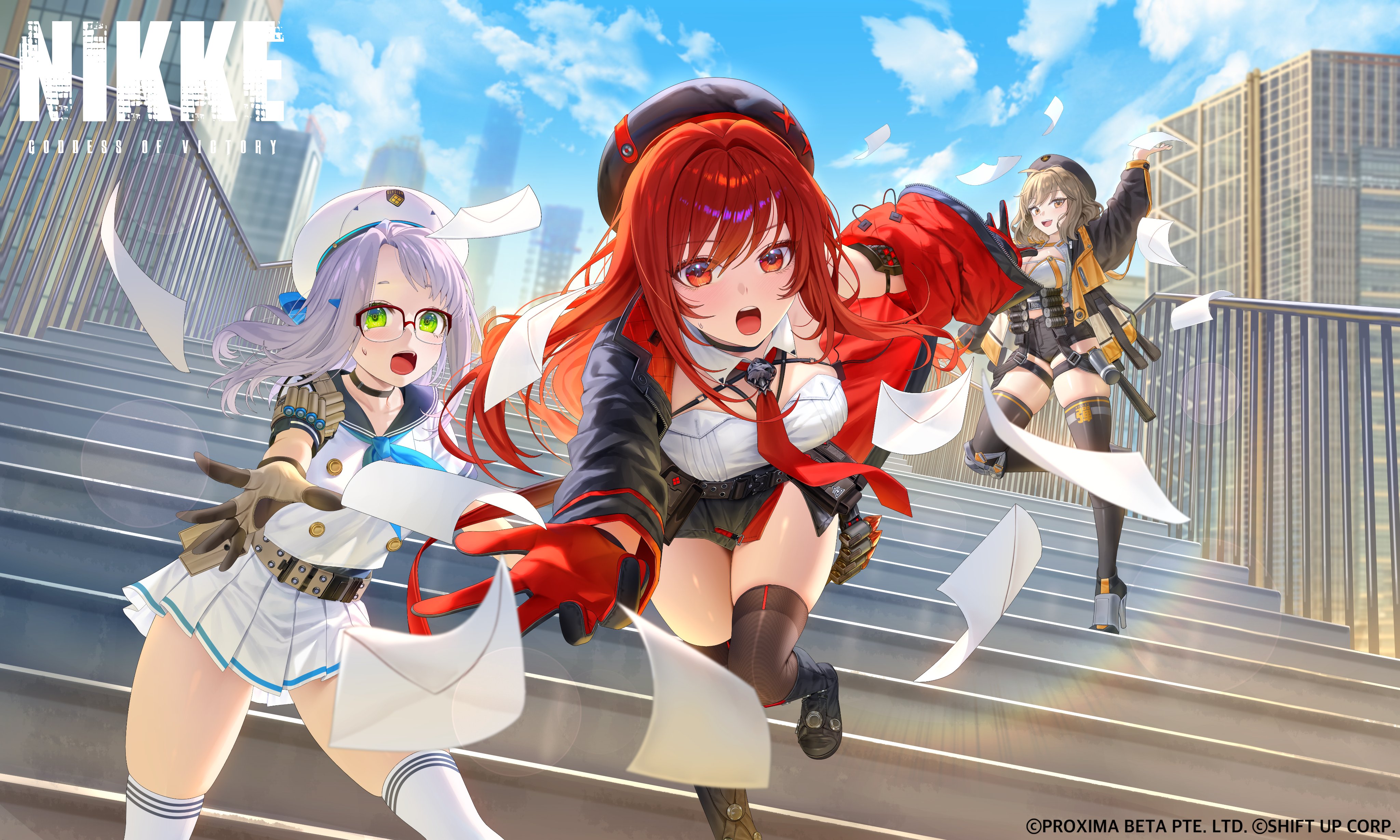 ruhee, anis (nikke), neon (nikke), rapi (nikke), rapi (red hood) (nikke), goddess of victory: nikke, absurdres, highres, official art, 3girls, black hat, black thighhighs, blue sailor collar, brown eyes, brown hair, building, cityscape, cloud, copyright name, copyright notice, counters (nikke), falling, glasses, green eyes, grey hair, hat, jacket, multiple girls, official alternate design, official alternate hair color, open clothes, open jacket, open mouth, outdoors, pleated skirt, red eyes, red hair, sailor collar, sidelocks, skirt, sky, skyscraper, stairs, thighhighs, thighs, white hat, white skirt