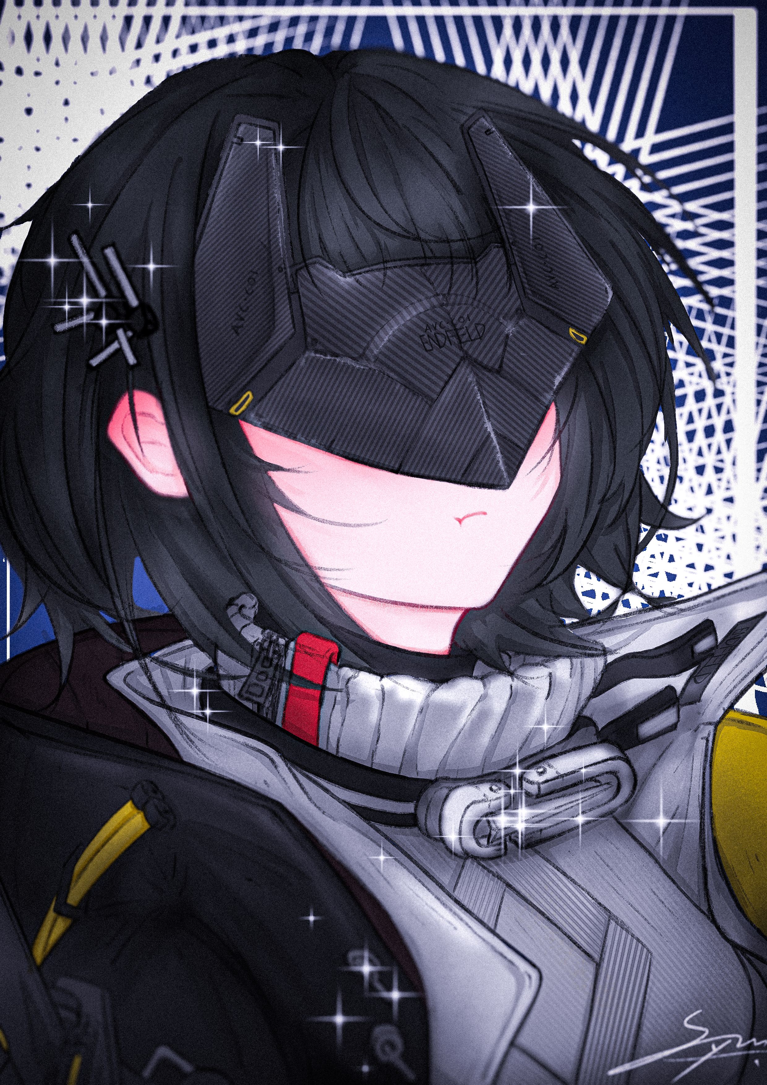 endministrator (arknights), arknights, arknights: endfield, absurdres, chinese commentary, commentary request, highres, 1girl, black hair, black jacket, closed mouth, grey sweater, jacket, open clothes, open jacket, portrait, short hair, signature, solo, sparkle, sparkling aura, sweater, sym hakka, turtleneck, turtleneck sweater, zipper pull tab